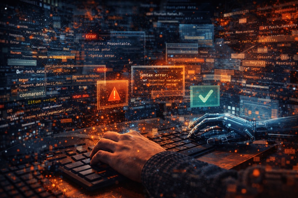 Human and robotic hands typing at keyboards, surrounded by floating code panes with errors and success states