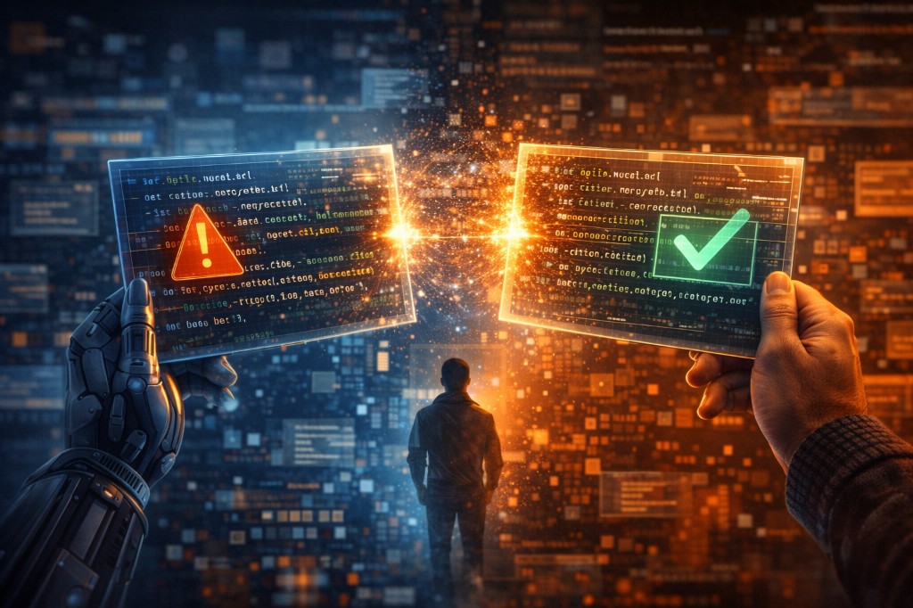 Robotic hand with a warning panel and human hand with a verified panel, facing a figure walking toward light in a digital landscape