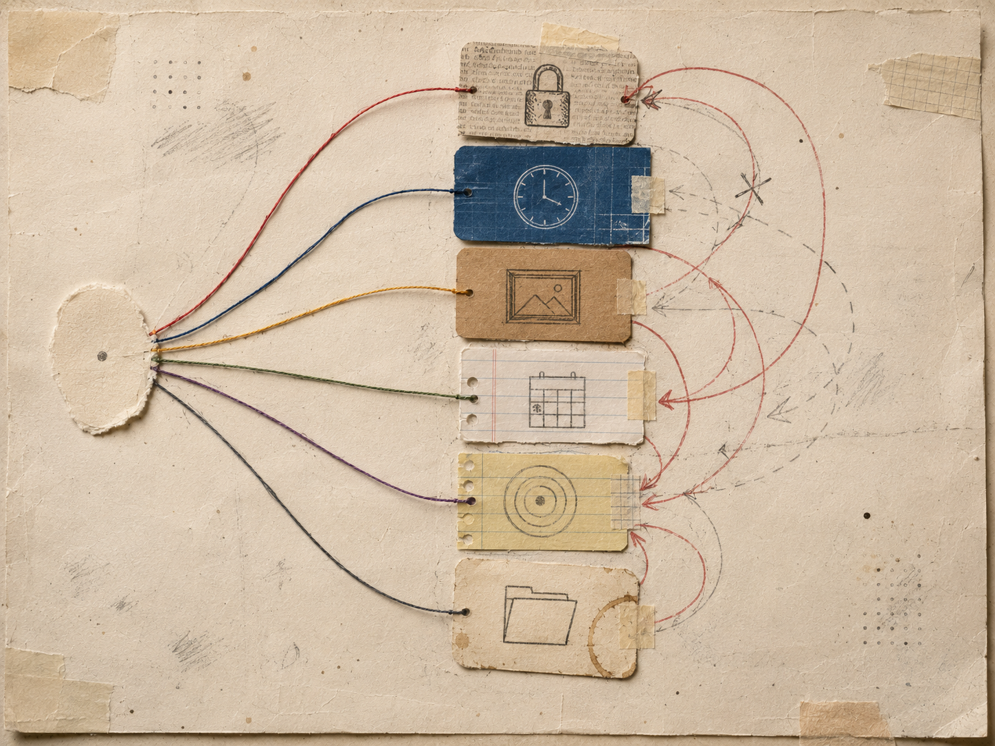 Mixed-media collage in a planning-artifact style, showing the iterative reshaping of an idea. On the far left, a small cream-paper smudge stands in for a rough first idea — a slightly torn ovoid shape with a single pencil dot at its center. From it, six fine pieces of colored embroidery thread (red, navy, ochre, sage, plum, charcoal) sweep rightward in gentle parabolas to a loose vertical column of six small cards arranged top to bottom. Each card is a different paper substrate — pale newsprint, blueprint-blue cyanotype paper, kraft, lined notebook page, faded yellow legal-pad scrap, coffee-stained cream cardstock — and each card carries a distinct hand-drawn icon at its center instead of any text: a small padlock, a tiny clock face, a tiny picture-frame outline, a small calendar grid, a set of nested concentric circles, and a folder shape. Looping red-ink threads curl back from lower cards to earlier ones, snaking in feedback loops; a few crossed-out arrows, eraser smudges, and re-pinned tape strips suggest revision. Plenty of cream paper showing through, soft daylight from the upper left, slight three-dimensional depth at every card edge. Restrained palette, tactile, hand-built, no readable text anywhere in the composition.