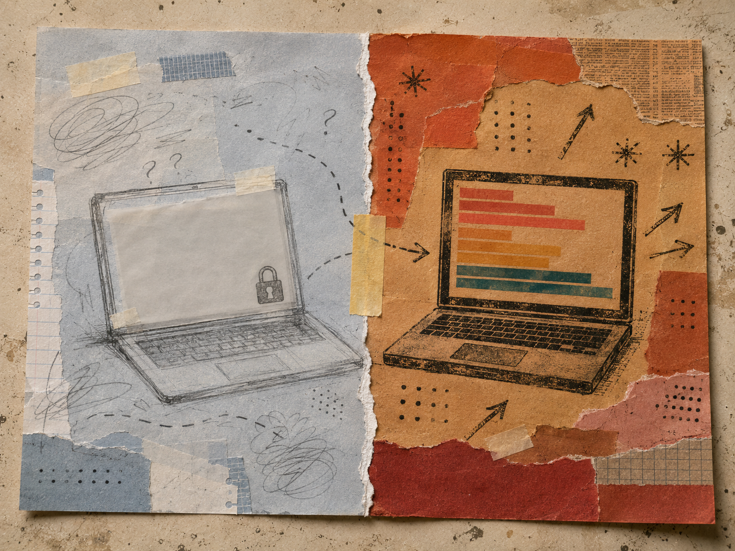 Mixed-media collage diptych on a single landscape sheet, split down the middle by an irregular torn-paper seam, in a planning-artifact style. The left half is built on cool tones — pale slate-blue paper grounds, cream tracing-paper overlays — with a soft graphite sketch of a laptop seen in three-quarter view; the screen area is a translucent vellum panel pasted on, behind which floats a small ink-stamped padlock motif at one corner. Around the laptop sit exploratory pencil gestures: open loops, dashes, a few question-mark curls, thin uncertain lines that read as 'thinking' without forming any letters. The right half is built on warm tones — burnt-orange kraft, rust newsprint, brick-red cardstock — with a more confident ink-stamped laptop silhouette; the screen area is blocked out as a stack of solid colored bars in coral, ochre, and teal stacked like a histogram, suggesting written code without using any letters. Around it, hand-stamped asterisks, small arrows, and confident dot patterns punch outward. A single strip of pale-yellow washi tape runs vertically across the seam, holding the two halves together. A loose dashed pencil arrow curves from the left side into the right side. Visible paper edges, glue residue, slight bowing of the layers; no readable text anywhere in the composition.