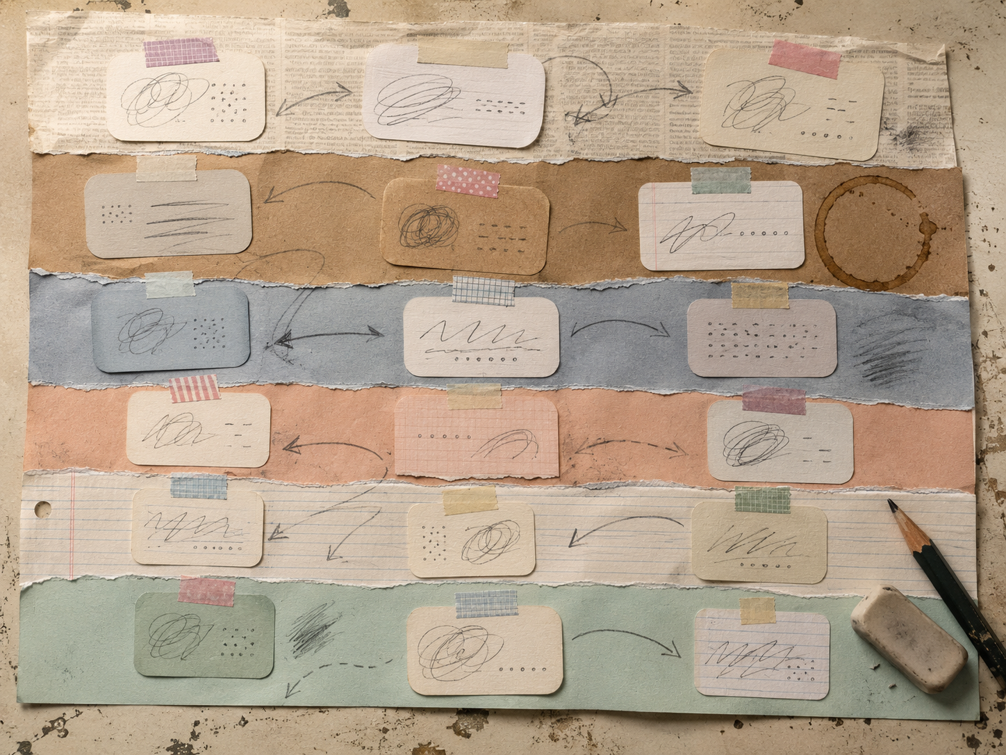 Mixed-media collage photographed from straight above, in a planning-artifact style. The composition spans a worn cream desk surface and is built from layered torn-paper grounds: six distinct horizontal bands run across the page, each in a different paper color and texture — pale newsprint, warm kraft, cool blue-grey, faded peach, cream lined notebook page, soft mint cardstock — so the bands visually read as six grouped rows without any label. Scattered across the bands are small rounded paper cards, each card cut from a different material (envelope scraps, lined paper, colored cardstock), affixed with short strips of pastel washi tape, rubber-stamp dots, or masking-tape tabs. Each card carries only abstract pencil scribbles where text would be — looping squiggles, small dot-and-dash patterns, no readable letters. Curving graphite pencil arrows wander between cards and across the bands, with several over-drawn corrections, eraser smudges, and re-pinned tape edges. In one corner, a stubby pencil rests beside a soft eraser and a faint coffee-cup ring stains the kraft band. Slightly raked natural daylight, deep shadow at the card edges, palpable paper texture; warm, handmade, slightly weathered, no readable text anywhere in the composition.