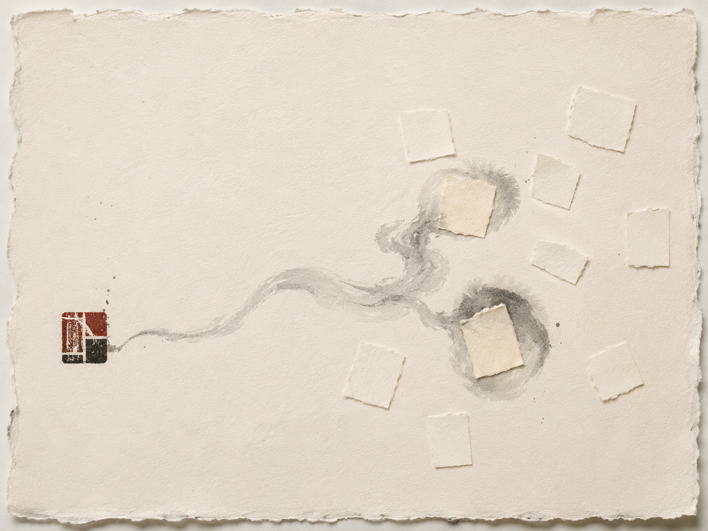 Sumi-e ink-wash composition on cream rice paper. On the left side rests a small ink-stamped seal — a precise blocky shape in deep red and black, like a brush artist's signature mark. From it, a single tendril of grey ink wash curls rightward across the paper like a wisp of incense and reaches toward an irregular scatter of small blank paper rectangles arranged like floating leaves. The tendril only lands on two of the rectangles, embracing them in a soft greyscale halo and turning their paper a faintly warmer cream; the other rectangles sit untouched and dry, their edges crisp. The two embraced pieces sit at slightly different heights, as if singled out from a larger drift. Soft brush texture on the tendril, dry-brush variation in the seal, hand-deckled paper edges, a great deal of negative space, no readable text or characters anywhere in the composition.