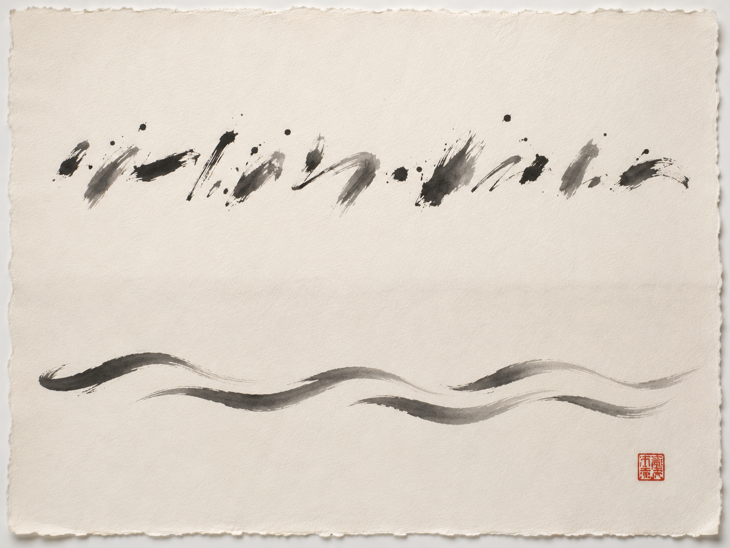 Sumi-e ink-wash composition on cream rice paper, with two parallel horizontal bands stacked vertically and separated by generous negative space. The upper band is built from a sequence of short, loose, energetic brush gestures with varied lengths and irregular spacing — quick wet strokes, occasional ink splashes, deliberate gaps between them — capturing the rhythm of conversational, broken-line writing. The lower band is built from longer, more measured, smoother brush gestures with even spacing and steadier weight, capturing the cadence of slower, building prose. The two bands share the same brush-and-ink language but have visibly different temperaments — one staccato, one legato. A faint vertical tonal shift in the paper between the two bands reads as a quiet boundary. A small red square seal-stamp accents one corner. No letters, no characters, no readable text anywhere — purely gestural rhythm.