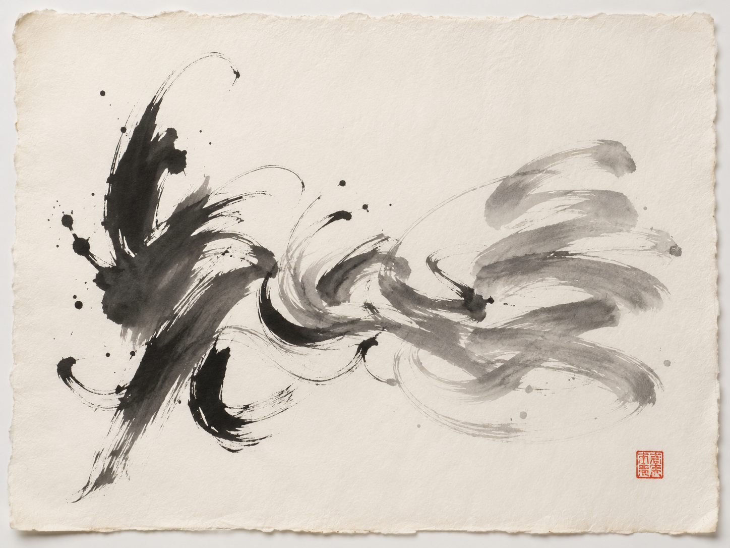 Sumi-e ink-wash painting on bone-white rice paper with naturally deckled edges, in a horizontal landscape composition. Two abstract brush-mark forms drift toward each other across the page. The form on the left is taller and more characterful — built from confident wet ink strokes of varied weight, with a few looser flourishes, occasional ink splashes, and a distinctive drying-pull at one stroke's end. The form on the right begins as a more uniform stack of cooler greyscale brush marks, but as the marks curl inward they gradually pick up the rhythm and weight variation of the left form, until in the central area their strokes overlap and become indistinguishable. The whole composition has the rhythm of writing without forming any letters or characters; it reads as gesture, breath, and pause. A single small red square seal-stamp accents the lower-right area like a painter's signature. Generous negative space, soft cream paper texture, slightly raked light, no readable text or letters anywhere in the composition.