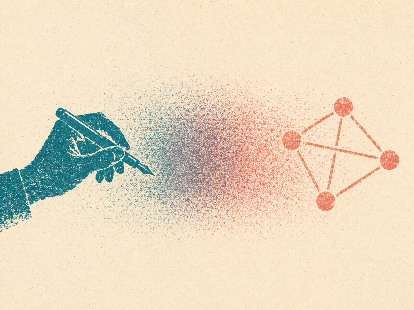 Risograph two-color print on warm cream paper, in deep teal and coral with the medium's natural slight mis-registration and visible printed grain throughout. A wide horizontal landscape composition. On the far left, a confident teal silhouette of a human hand holding a slim fountain pen, the lines drawn with the slightly imperfect edge of riso ink. On the far right, an abstracted coral diagram of a small node-and-edge graph — five round dots connected by short lines, suggesting a network — printed in coral ink with the same characteristic edge softness. Between the two icons, a wide central band where the teal and coral plates overlap; the overlapping region carries both inks slightly offset, producing a fuzzy purple-brown blended zone where the edges of teal and coral can each be seen, like a deliberate printer's misalignment. The left icon is sharply teal with no coral; the right icon is sharply coral with no teal; only the middle band shows both. A faint paper grain runs over the whole composition, and the cream background carries small specks and ink-roller texture. No labels, no characters, no readable text anywhere in the composition.