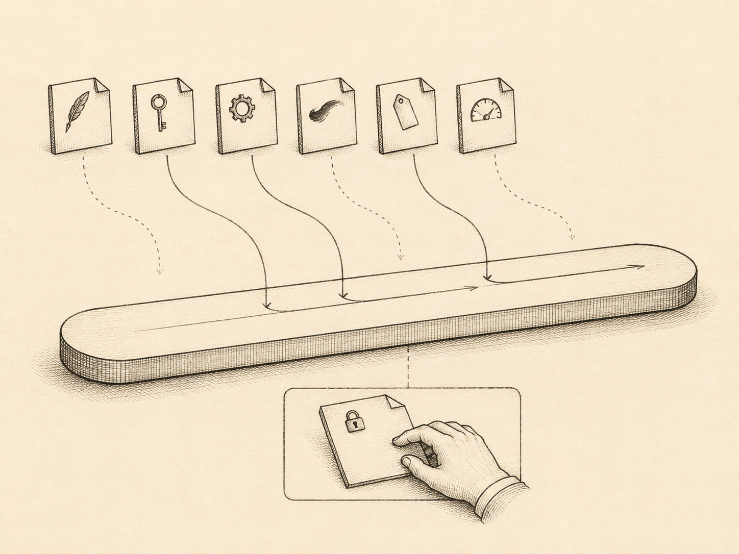 Isometric technical illustration in confident pen-and-ink line work with cross-hatching for shading, on a warm cream paper background. A long horizontal rounded-rectangle lane runs across the middle of the composition, drawn in three-dimensional isometric perspective with subtle hatched shading beneath it — this is the active working context. To the upper left, a vertical column of six small folded paper sheets floats in the air, each sheet rendered with a corner fold and a single tiny icon stamped at its top (a quill, a small key, a gear, a brushstroke, a tag, a gauge — no two icons alike, no text on any sheet). From each sheet, a thin curving pen-line arrow descends toward the central lane: only three of the six lines actually connect to the lane and ride along its top surface; the other three fade into dotted dashes that thin out and dissolve before reaching it. Below the central lane, a small inset cross-section shows a single piece of paper being touched by a small drawn hand, indicating the file the agent is currently working on. Cross-hatched textbook shading throughout, sepia and warm grey ink on cream paper, no readable text or letters anywhere in the composition.