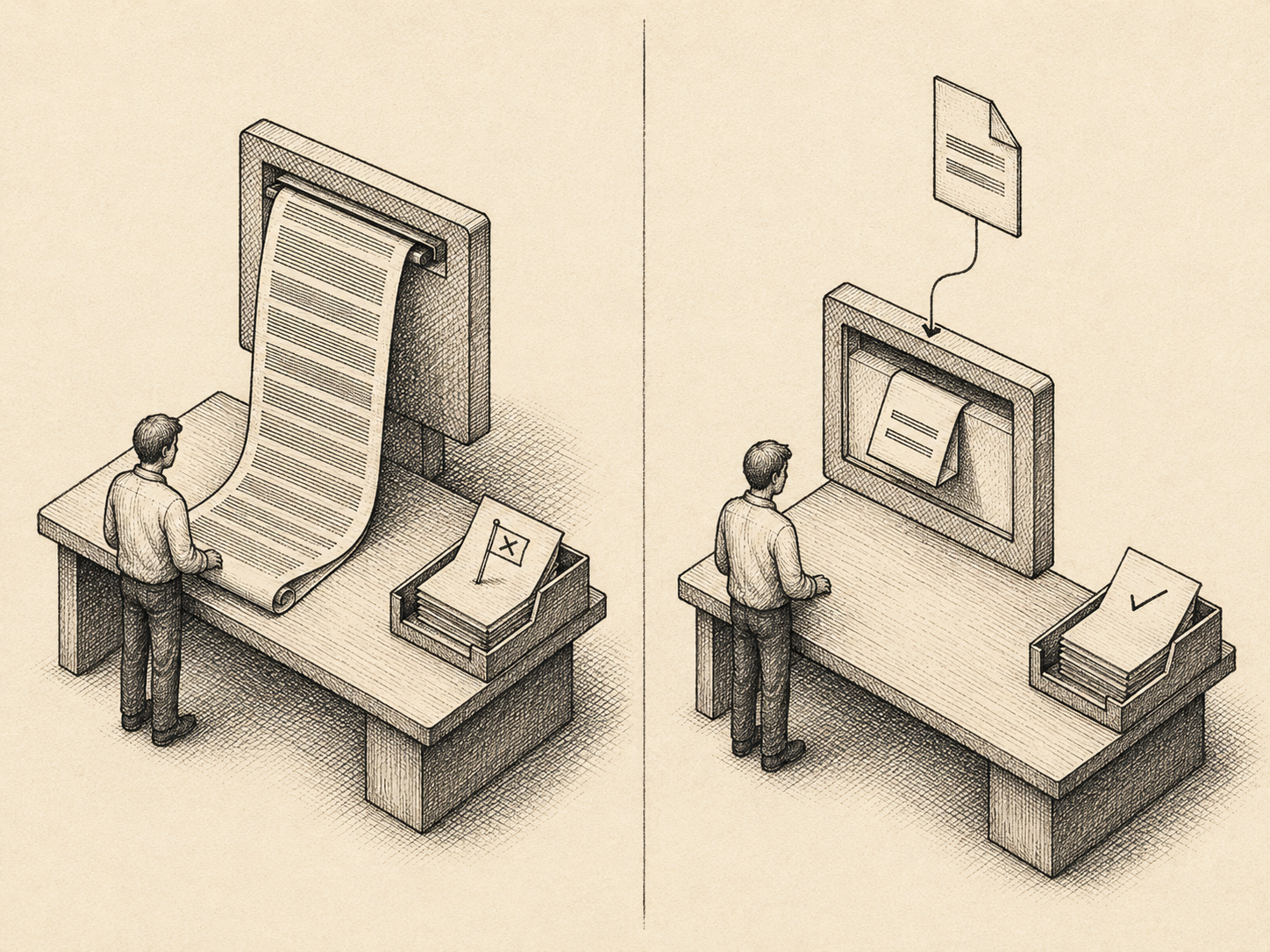 Isometric technical illustration diptych in pen-and-ink with cross-hatching, on a warm cream paper background. The scene is split down the middle by a thin vertical pen line. The left panel shows a small drawn figure standing at a desk in three-quarter isometric perspective, in front of a screen on which a long scroll of paper unfurls from the top edge and pools onto the desk; the scroll is blocked out as densely stacked horizontal hatch-bars suggesting many lines of instructions, with no readable text. To the side of the desk, a small output tray holds a stack of papers; the topmost paper carries a tiny pen-drawn flag with an X-mark stamped on it. The right panel shows the same isometric workbench, but the scroll falling from the screen is now only a small folded card with two short hatch-lines on it. Above the screen on this side, a small folded rule-paper shape with a corner fold floats in the air and feeds into the screen via a thin pen line. The output tray here holds a clean stack of papers, the topmost carrying a small check-mark flourish stamp. Cross-hatched textbook shading, sepia and warm grey ink on cream paper, vintage how-things-work feel, no readable text or letters anywhere in the composition.