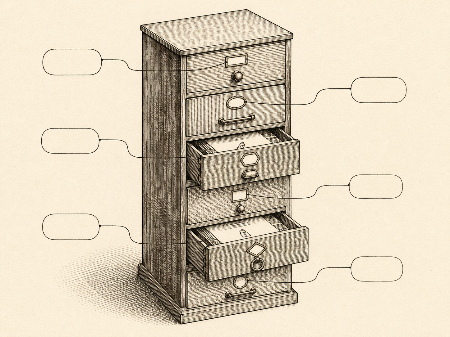 Isometric technical illustration in confident pen-and-ink line work with deliberate cross-hatching for shading, on a warm cream paper background. A tall wooden filing cabinet sits in three-quarter isometric perspective on a thin hatched plinth. The cabinet has six drawers stacked vertically, each drawer subtly different from the next: different handle styles (round brass knob, horizontal pull bar, recessed cup pull, ringed loop) and different label-frame shapes on each drawer front (small rectangle, oval, hexagon, rounded square, lozenge, circle), with different drawer-face hatching densities. The label frames are empty — small hand-drawn frames containing nothing. Two drawers are slightly pulled open, revealing folded sheets of paper inside, and on each visible sheet a single small icon is drawn — one bears a tiny pencil-tip motif, the other a tiny padlock motif — to suggest different kinds of guidance. Around the cabinet, several small empty rounded chat-bubble shapes hover in the air, each connected to one specific drawer's label frame by a thin pen-line route, the lines curving with the precision of a vintage how-things-work textbook. Soft hatched shadow pools beneath the cabinet. Sepia and warm grey ink on cream paper, confident outlines, generous whitespace, no readable text or letters anywhere in the composition.