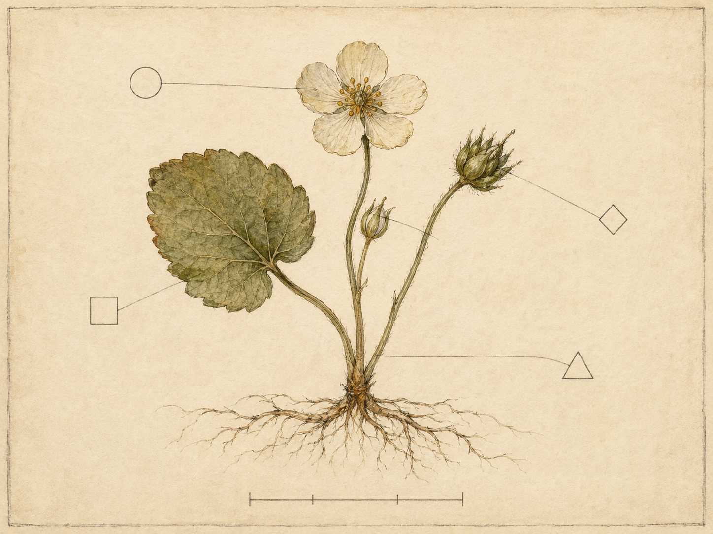 Single-specimen botanical study plate in watercolor and fine ink line-work, on cream paper with subtle aged texture. The center of the plate carries a single large pressed-plant specimen rendered with care: a broad open leaf with visible veins, a slender stem branching to a bud, a paired root structure spread below, a small open flower at the top, and a developing seed pod beside it — five distinguishable parts of one organism. From each of the five parts, a thin pencil callout line extends outward to the margins, where it terminates in a small empty annotation marker — an unfilled circle, a small geometric sigil, an open square, an outlined diamond, a hollow triangle — none of the markers contain any readable letters or numbers. A delicate ruled scale-bar mark sits at the bottom edge of the plate, with no measurement units printed. Soft watercolor pigment in muted greens, ochres, and rust over crisp brown ink linework; a faint herbarium-sheet specimen border traces the outer edge in pencil. Vintage natural-history feel, no readable text or letters anywhere in the composition.