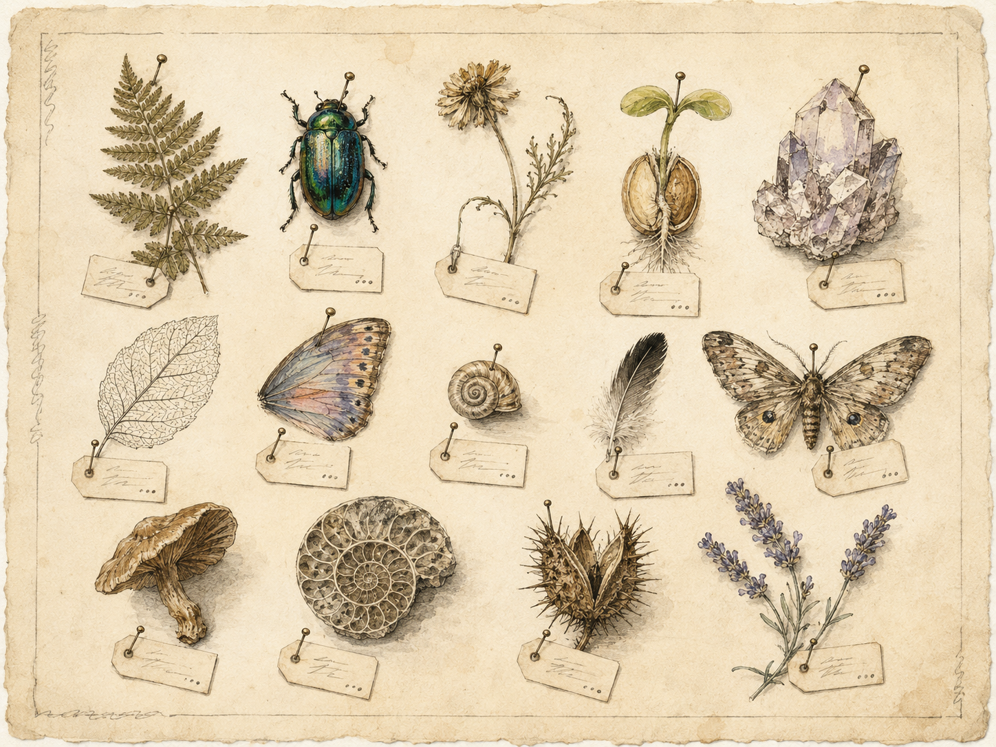 Vintage natural-history specimen plate in watercolor and fine ink line-work, on cream paper with a subtle aged watermark and the gentle texture of an old herbarium sheet. Approximately fourteen small specimens are arranged in a loose grid across the plate, each rendered in a different botanical-or-zoological technique: a pressed fern frond, a pinned iridescent beetle, a dried wildflower with bent stem, a watercolor cross-section of a sprouting seed, a crystalline mineral fragment outlined in ink, a leaf vein study, a single butterfly wing in dusty pastel pigment, a tiny snail shell, a small feather tip, a moth with subdued markings, a dried mushroom cap, a spiraled ammonite-style cross-section, a barbed seed pod, and a sprig of lavender. Each specimen is pinned to the paper with a tiny brass pin and surrounded by a small empty paper label tag — the tags carry no readable text, only abstract pencil tick marks and small gestural dots. The specimens are rendered in varied watercolor and ink techniques: some fully painted, some only inked outlines, some washy and atmospheric. A soft pencil margin trace runs along three edges of the plate, with no readable letters — just hand-drawn squiggles. Soft natural daylight on cream paper, generous whitespace, no readable text or letters anywhere in the composition.