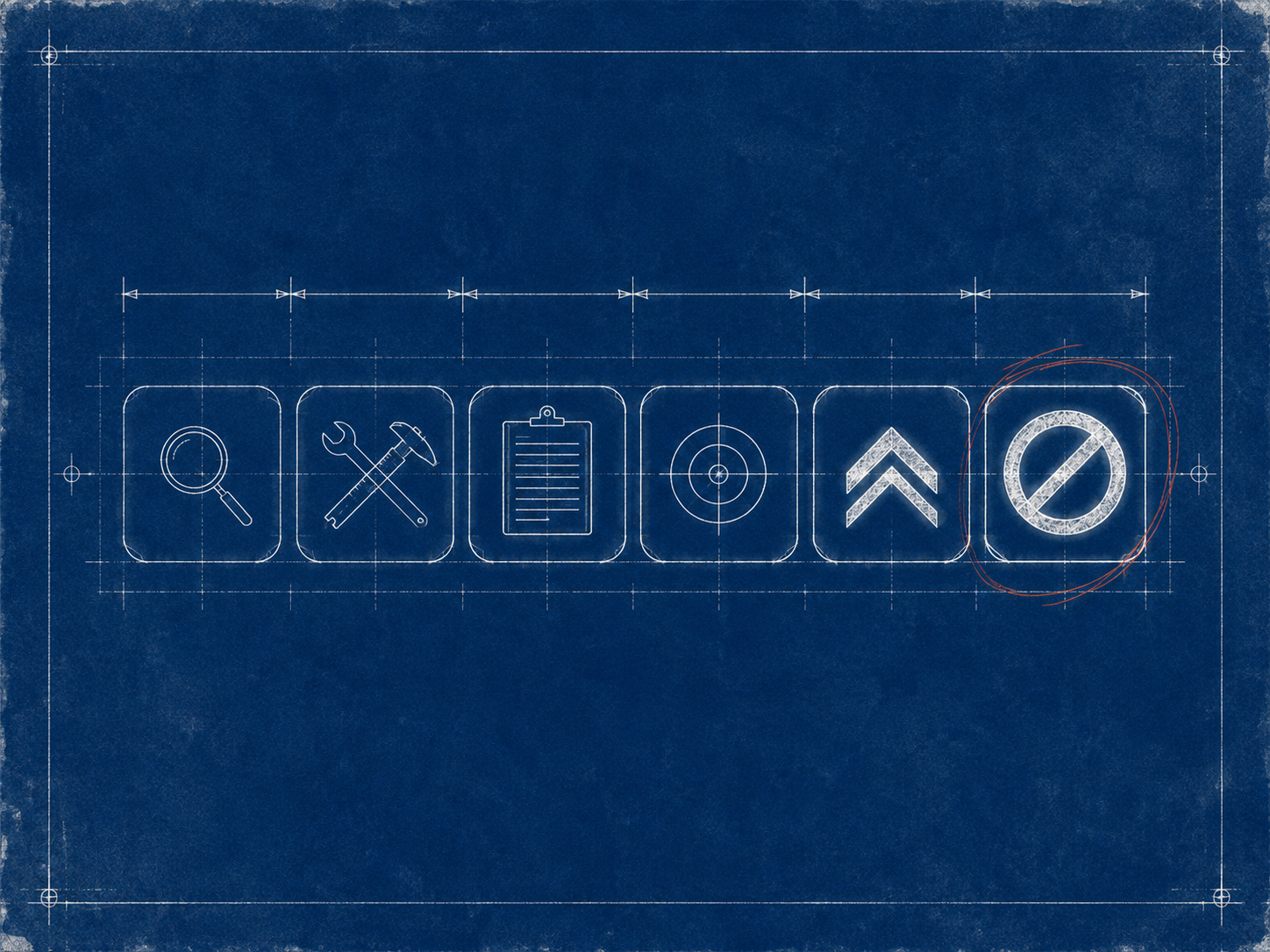 Cyanotype blueprint print on deep Prussian-blue paper with characteristic uneven exposure and slight paper texture. A horizontal timeline runs across the print, drawn entirely in crisp architectural-drafting white line-work. Six small abstract symbols are arranged left to right, evenly spaced and connected by thin white drafted arrows that run between them. The symbols, in sequence, are: a small magnifying glass hovering over a stack of layered rectangles; a slim spanner-and-calipers pair flanking a single small object; a quill nib actively touching a folded sheet; a target with cross-hairs and a small completion tick mark beside it; a bin shape with an emphatic strike-line; and an outgoing paper-plane silhouette. Above the row, a thin drafted measurement scale-bar marks even intervals, with small drafting tick marks. Below the row, a thin band of progressively heavier white line weight — beginning whisper-thin at the left and finishing assertively bold at the right — runs along the timeline as a visual rule. A faint hand-drawn warm-red pencil halo — characteristic of architectural revision annotations — surrounds the bin symbol only. Subtle paper grain throughout. No readable text or letters anywhere in the composition.