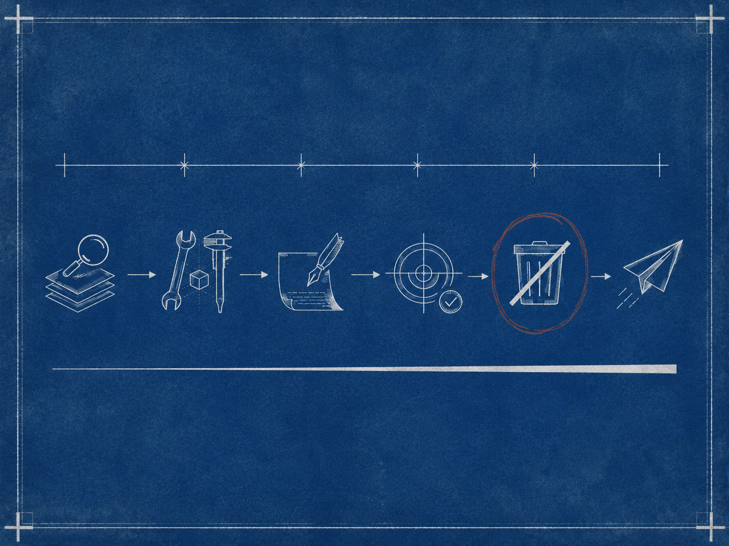 Cyanotype blueprint print on deep Prussian-blue paper with the slightly uneven, faded exposure of a real iron-salt sun print. The composition is a precise architectural-drafting layout with crisp white technical line-work. Across the center of the print sits a horizontal row of six rounded square cells, each cell bordered by drafted white lines, with measurement tick marks above the row indicating module spacing. Inside each cell rests a distinctive white abstract symbol, drafted with the precision of a blueprint detail: a small magnifying glass with a slender handle in cell one; a slim spanner crossed with calipers in cell two; a clipboard with parallel hatch-lines in cell three; a target with cross-hairs in cell four; an upward chevron arrow with bolder line weight in cell five; and an emphatic struck-through circle with the heaviest line weight in cell six. The line weight of the symbols progresses from delicate (left) to assertive (right). Around the rightmost cell, a faint hand-drawn warm-red pencil halo — characteristic of architectural revision annotations — adds the only deviation from pure white-on-blue. A thin drafted border frames the print, with cornering tick marks. Subtle paper grain and exposure variation throughout. No readable text or letters anywhere in the composition.
