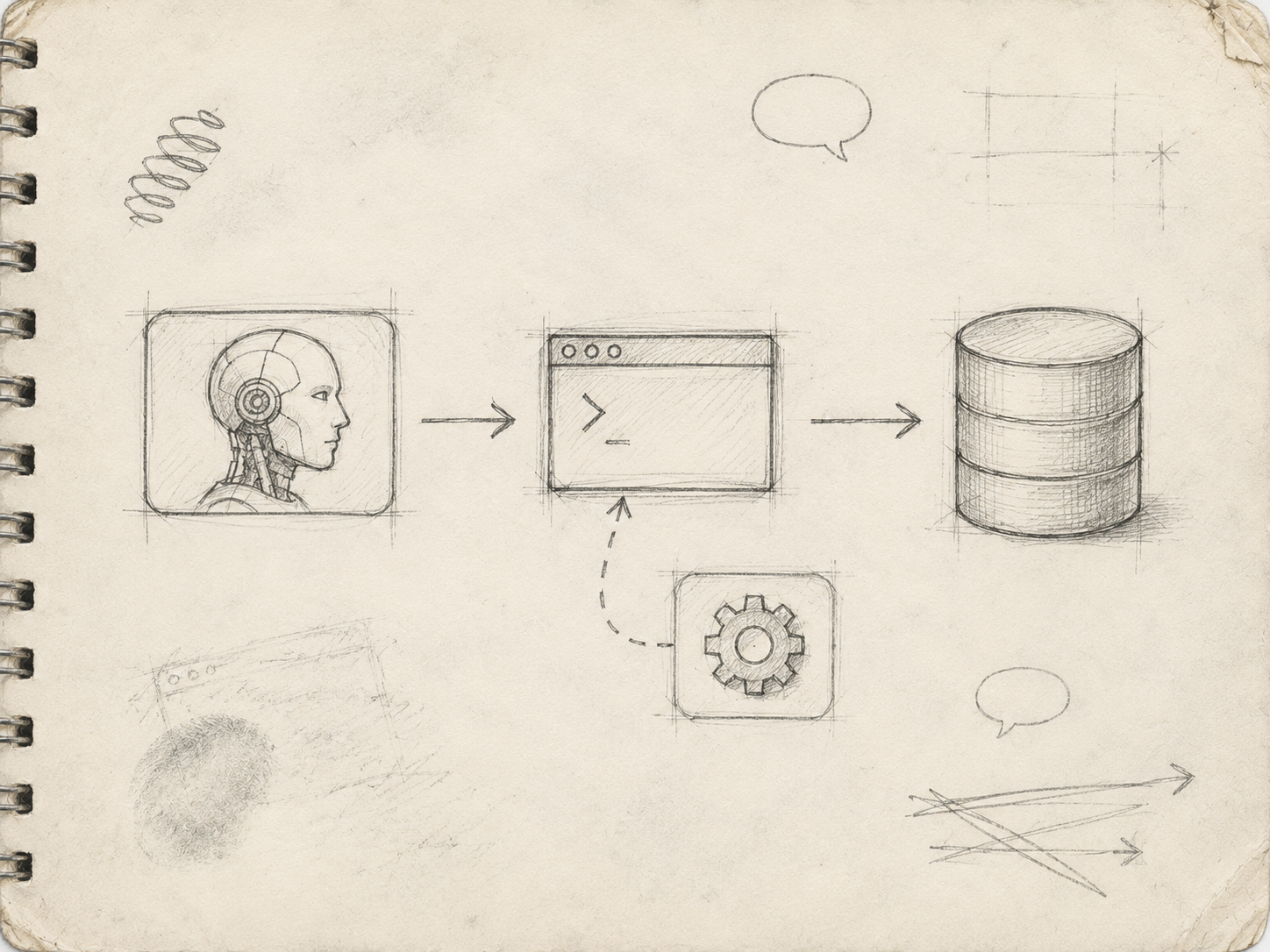 Graphite pencil drawing on an off-white sketchbook page, in the style of an engineer's working sketchbook. A horizontal flow runs across the center of the page: from left to right, a soft rectangular box containing a small drawn silhouette of a robotic head, then an arrow, then a smaller terminal-window outline drawn with hatched construction lines, then another arrow, then a cylindrical database drum with curved fill-lines suggesting stacked data layers. Below the terminal-window box and slightly to its right, a smaller secondary box contains a small icon that looks like an interlocking gear — and from this secondary box, a dashed pencil loop arcs upward and re-enters the terminal box, indicating an internal dependency. Around the diagram, classic sketchbook margin marks: a couple of small empty speech-bubble shapes, a few thin construction lines, a thumbprint smudge, an eraser ghost from an earlier diagram now mostly rubbed out. Soft graphite shading throughout, no readable text or letters anywhere in the composition.