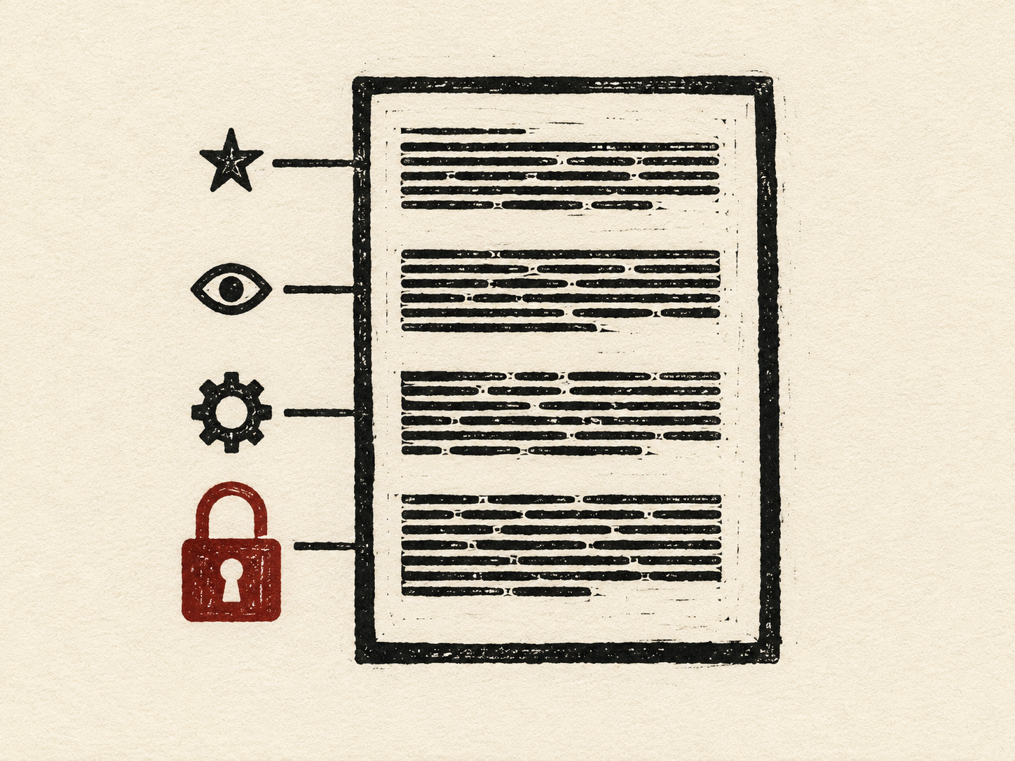Linocut block print on cream paper in deep red and black ink, with characteristic chisel-mark texture and slightly imperfect carved edges. Centered on the page is a bold rectangular paper outline cut in heavy black ink, representing a single document. Inside the document outline, four horizontal bands stack vertically, each band filled with short black hatch-marks suggesting lines of dense text without spelling anything. To the left of each band, a thin black ink line extends out into the margin and ends in a distinctive small carved symbol: the first band's annotation ends in a small five-pointed star, the second in a small eye-shape, the third in a small gear, and the fourth in a small padlock. The padlock annotation is rendered larger and printed in deep red ink — the only red on the print — clearly emphasized over the other three black annotations. Bold woodcut line work, characteristic linocut grain, two-color print on cream paper. No readable text or letters anywhere in the composition.