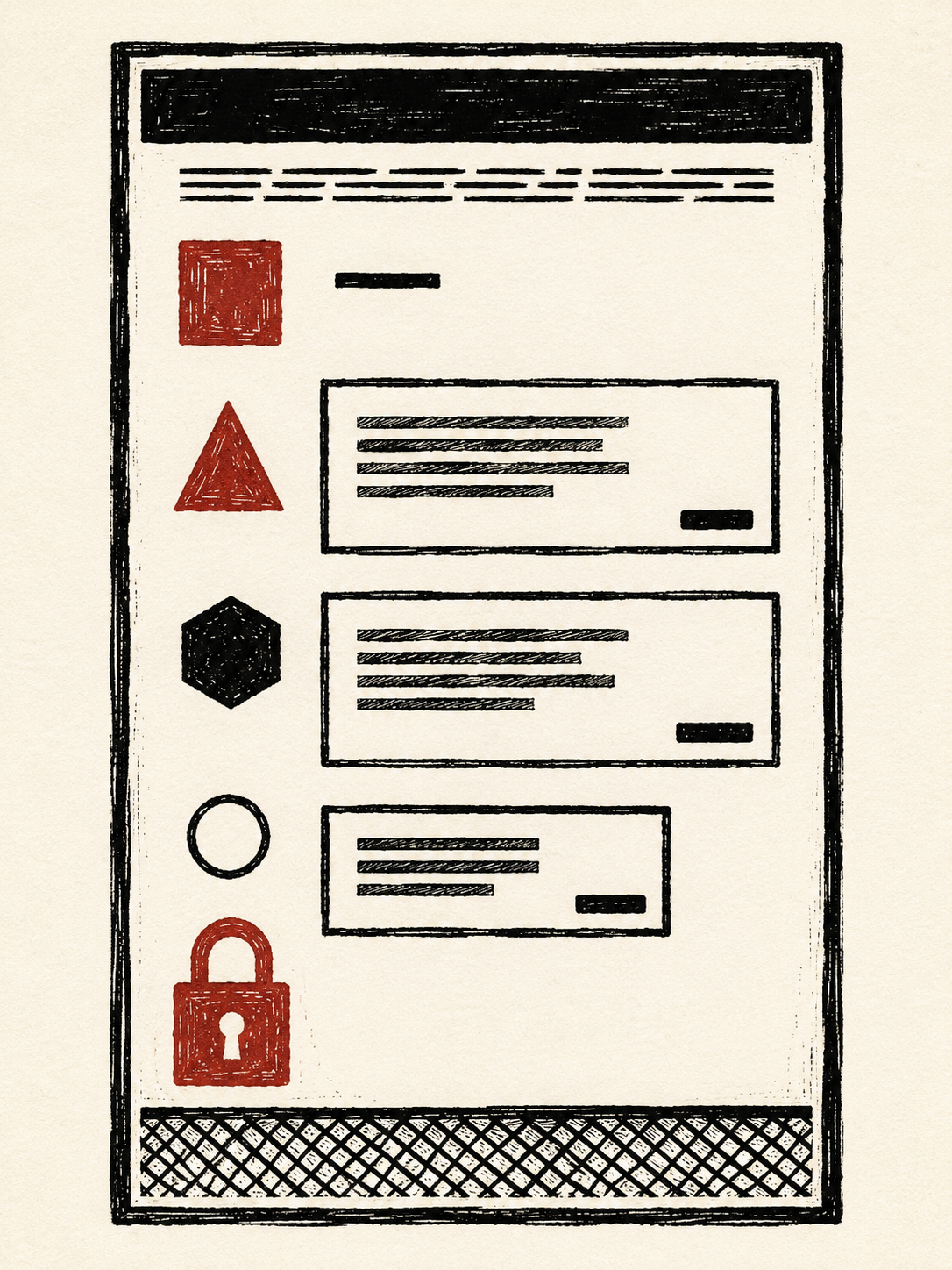 Linocut block print on cream paper in deep red and black ink, with characteristic hand-carved chisel-mark texture and slightly imperfect edges. The composition is a vertical report-shaped layout printed cleanly on the cream ground. At the top, a thick black ink horizontal bar runs across the print as a header. Below it, a thin secondary band of short horizontal hatches suggests metadata. Then four stacked severity sections fill the middle of the print, each beginning with a distinctive geometric chip cut in ink on its left edge: a deep-red heavy square chip atop a section that contains only a single short black hatch (an empty tier), a deep-red triangle chip atop a section containing one rectangular finding card, a solid black hexagon chip atop a section containing one finding card, and a small open black circle atop a section with one smaller finding card. Each finding card is built from three short stacked black hatch-lines and ends with a tiny black citation-pill bar at its lower edge — no readable text inside the cards. At the very bottom of the print, a thin band of close cross-hatching marks a final notes section. Bold woodcut line work, two-color print on cream paper, visible relief-print grain, no readable text or letters anywhere in the composition.