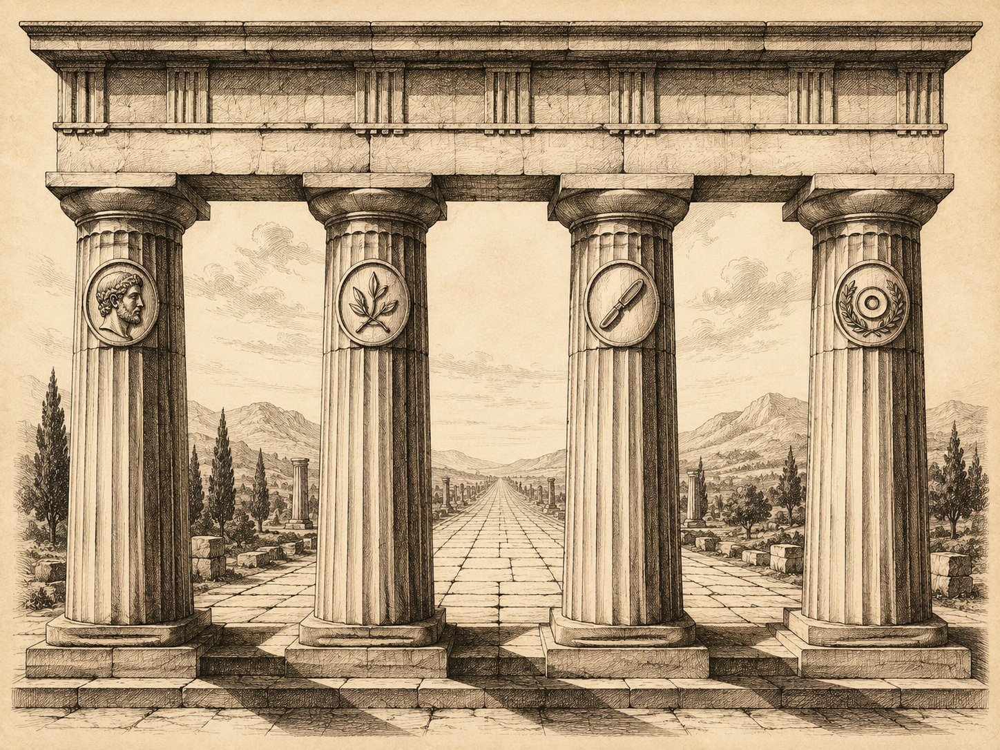 Classical Greco-Roman architectural rendering in confident pen-and-ink line work with dramatic cross-hatched chiaroscuro shading, on cream parchment paper. Four tall fluted Doric columns are arranged in a row across the foreground, each rendered with the precise vertical fluting, sharp echinus capitals, and stepped stylobate base of classical Greek temple architecture. Each column carries a small carved relief medallion at the height where its capital meets the shaft, and the four medallions are visibly different from one another: the first column's medallion shows a small profile of a thoughtful head with a slightly furrowed brow, the second shows a small stylized branch with several leaves clipped close as if pruned, the third shows a small finely-detailed scalpel-shaped tool, and the fourth shows a small laurel wreath surrounding a circular target. Behind and between the columns, a stone road paved in receding rectangular flagstones extends toward a distant horizon line where soft atmospheric haze blurs the perspective. The flagstone lines converge cleanly to a single vanishing point in the upper middle of the composition. Strong raking light enters from the upper left, casting precise classical shadows behind each column. Confident pen-and-ink cross-hatching for the shaded sides of the columns and the underside of the architrave detail; cream parchment background; no readable text or letters anywhere in the composition.