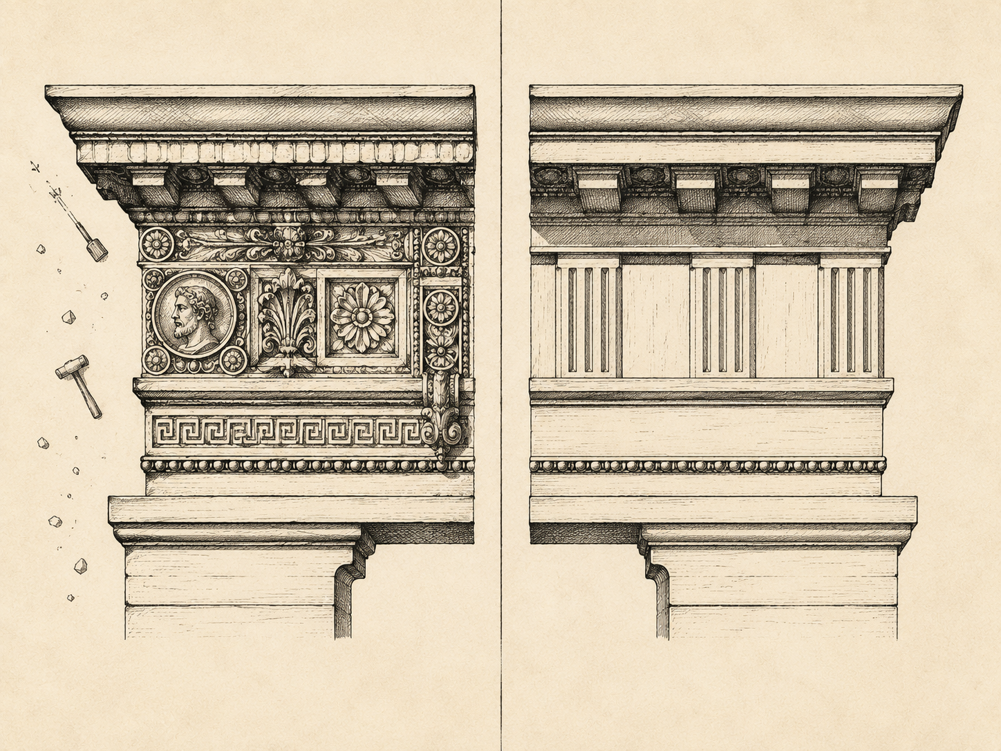 Classical Greco-Roman architectural rendering diptych in confident pen-and-ink line work on cream parchment paper, separated by a thin vertical pen line down the middle of the composition. The left panel shows a wide horizontal classical entablature — architrave, frieze, and cornice — cut from heavy stone and rendered in detailed cross-hatched chiaroscuro shading. The frieze is over-decorated with overlapping carved relief panels, ornamental rosettes, additional small medallions stacked into the corners, and several extraneous flourishes that crowd the underlying beam line so the structure gets visually lost in ornament. Tiny chisel-marks in the margin suggest the carvings were added on as afterthoughts. The right panel shows the same width and proportion of classical entablature, but trimmed back to its essential structure: three evenly spaced restrained triglyph relief panels that align with the structural rhythm of the beam, no extra medallions, no added flourishes — just the structural geometry, with confident cross-hatching for the shadow under the cornice. Both panels share the same classical drawing style: confident ink line work, dramatic raking light from the upper left, classical proportion, cream parchment background. No readable text or letters anywhere in the composition.
