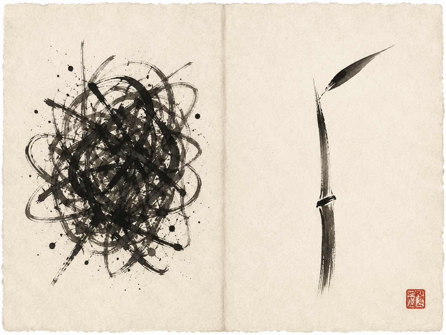 Sumi-e ink-wash diptych on cream rice paper with hand-deckled edges, separated by a soft vertical fold line down the center of the page. The left half shows a tangled, chaotic mass of overlapping ink brush gestures — many strokes of varying weights piled on top of one another to form a dense bird's-nest-like bundle, with drying-pull marks where the brush ran dry, occasional ink splatter dots around the edges, and smaller ink puddles where the strokes crossed. The composition reads as visual excess: too many gestures saying the same thing. The right half shows a single confident bamboo stalk rendered in just three deliberate brushstrokes — one upward tapering vertical stroke for the stalk, one short angled stroke for a node, and one tapered angular leaf at the top. Generous negative space surrounds the bamboo. A small red square seal-stamp accents the lower right of the right half. The two halves share the same rice-paper ground with its faint paper grain. No readable text or characters anywhere in the composition.