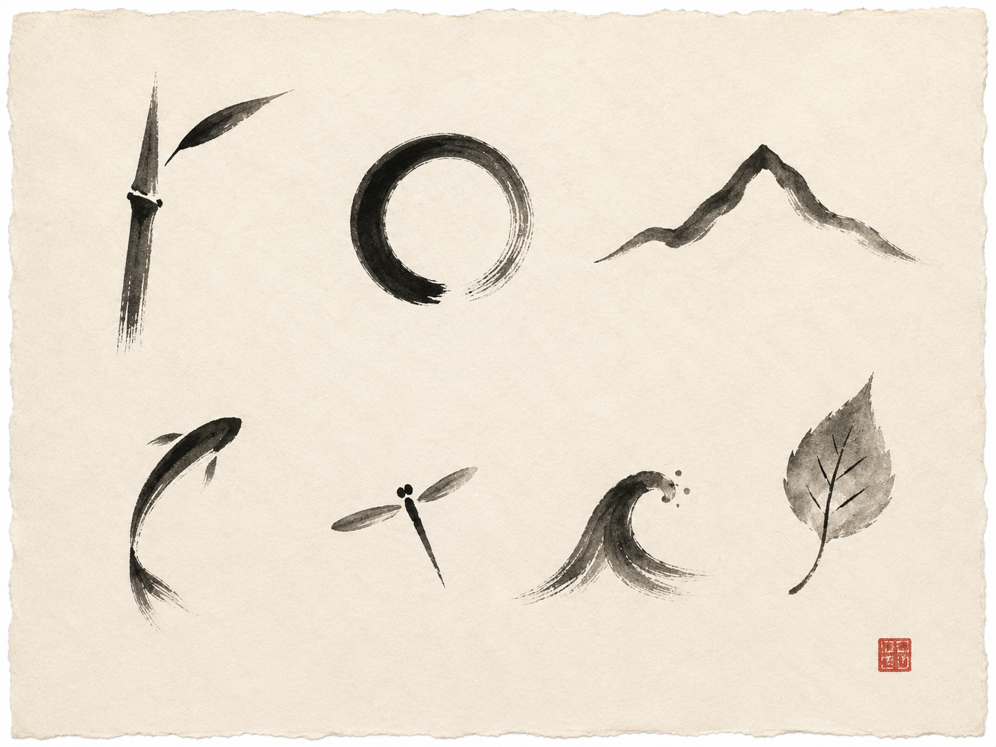 Sumi-e study sheet on cream rice paper with hand-deckled edges, in a vertical landscape composition. Seven small individual ink studies are arranged across the page in a relaxed grid — three above, three below, one offset — each contained in its own quiet area of paper with generous breathing room between studies. Each study is a different natural subject rendered in extreme brush-economy of one to three strokes only, all sharing the same sumi-e ink language: a single bamboo stalk in three strokes; a single open enso circle drawn in one continuous brush sweep with a small gap at its closing point; a single mountain peak silhouette in one rolling stroke; a single fish in motion suggested by two curling strokes; a single dragonfly in three small marks; a single rolling wave with a tiny crest fleck; and a single birch leaf with a delicate stem and three vein hatches. The strokes vary in wetness — some confidently saturated, some dry-brushed and sketchy — but each study honors the sumi-e principle of saying as much as possible with as little ink as possible. A single small red square seal-stamp accents the lower-right corner of the page like an artist's signature. No readable text or characters anywhere in the composition.