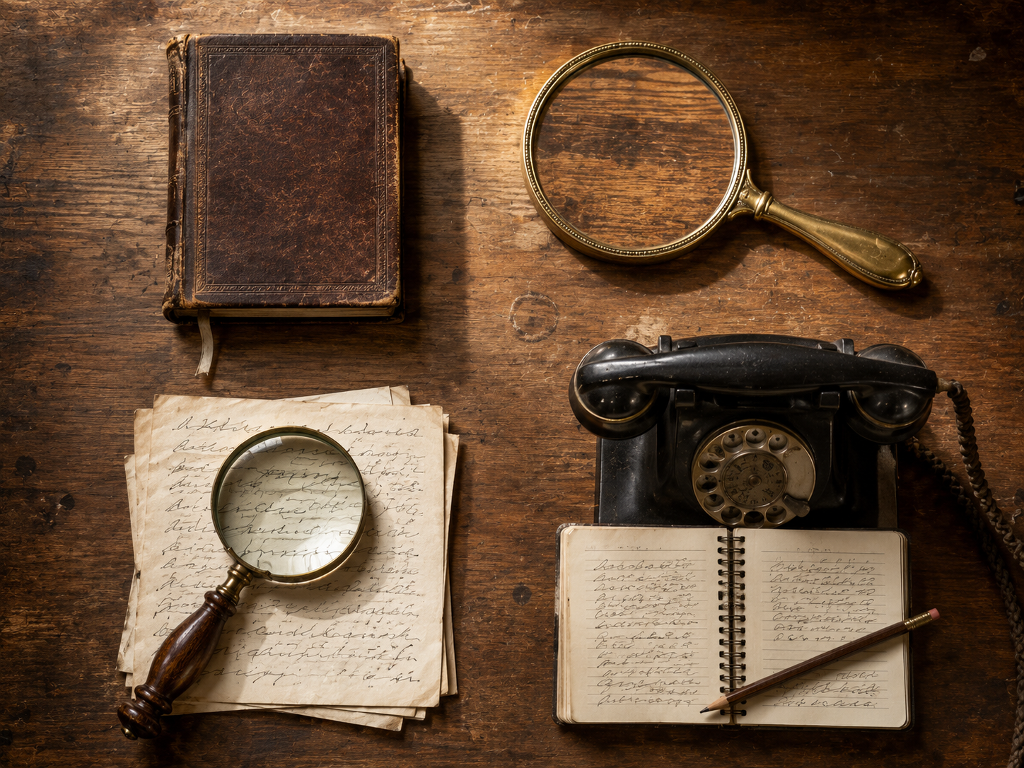 Warm photorealistic still life shot from directly above, looking straight down onto a worn wooden desk surface in soft raking natural light. Four distinct everyday objects are arranged on the desktop in a relaxed two-by-two layout, each rendered with sharp focus, lived-in patina, and warm shadows. In the upper-left position, a small leather-bound diary with weathered corners lies closed, its cover faintly embossed and a thin paper bookmark trailing from its pages. In the upper-right position, a small antique hand mirror with a tarnished brass frame rests glass-up; the glass clearly reflects the wood grain of the desk beneath it. In the lower-left position, a vintage magnifying glass with a polished wooden handle hovers slightly above a small stack of cream paper sheets covered in cursive scribble-marks (no readable letters), the lens enlarging the meaningless loops below. In the lower-right position, a vintage rotary-dial telephone handset rests on its cradle, with a small spiral notebook open beside it and a pencil resting in the spiral. The wooden desk surface shows soft scratches, small coffee rings, and warm grain throughout. Photographic, lived-in, naturally lit, no readable text or letters anywhere in the composition.