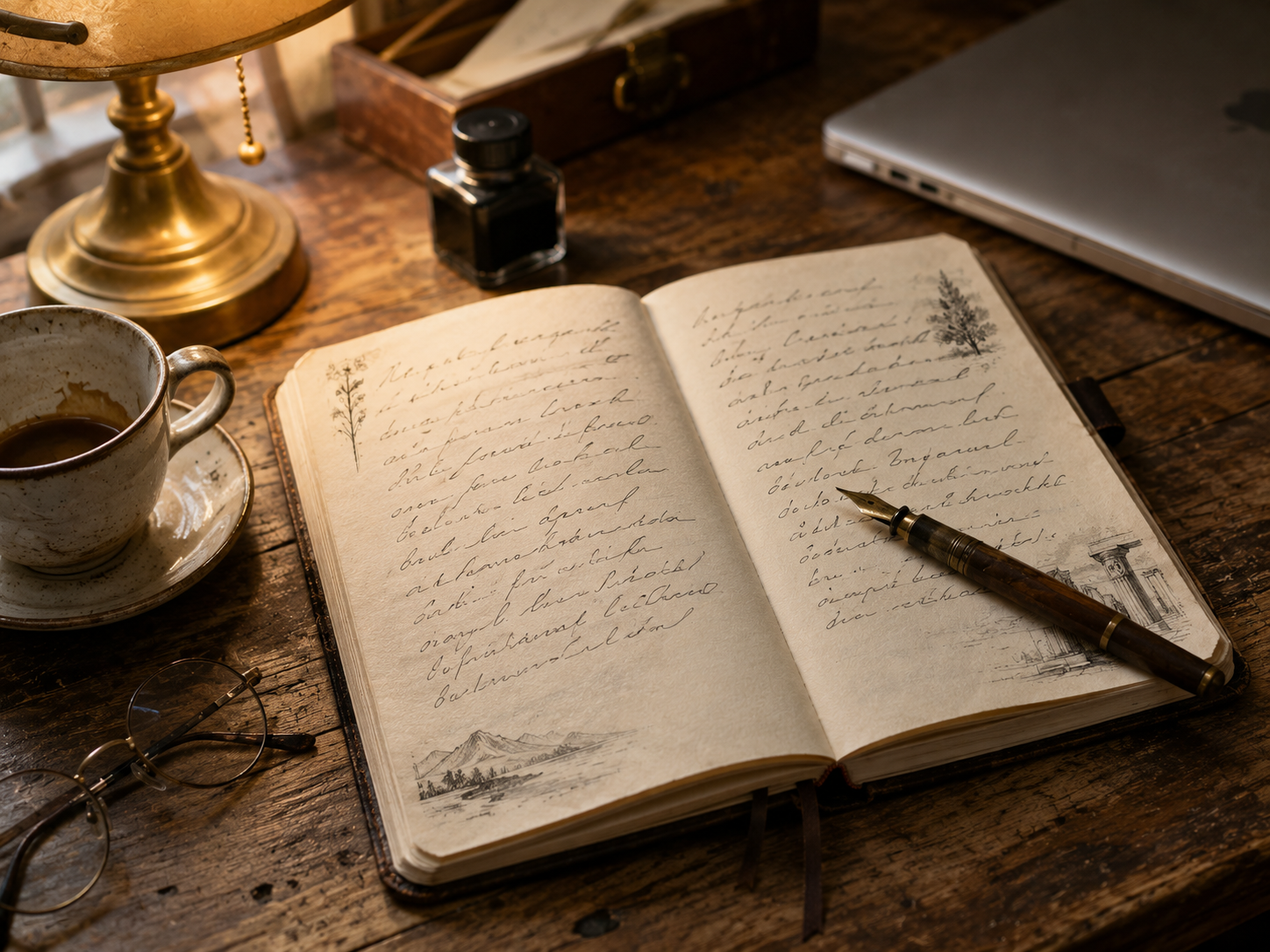 Warm photorealistic still life on a worn wooden desk, viewed from a slight three-quarter angle in soft natural daylight from a window outside the frame. A leather-bound notebook lies open at center, its cream-colored pages showing handwritten cursive marks and small ink doodles in the margin — but the cursive is purely abstract loops and rhythmic scribbles, never forming any readable letters. A worn brass-nibbed fountain pen rests across the right page, its barrel slightly tarnished from use. Around the notebook, photographic props are arranged casually as if the writer just stepped away: a half-empty enamel cup of coffee leaving a faint ring on its saucer, a pair of round wire-frame reading glasses folded beside the cup, a small brass banker's-style desk lamp glowing warmly to the left, and a closed silver laptop in the upper-right corner that recedes into shallow background blur. The notebook itself looks used — slightly bent corners, faint ink showing through one page, a small smudge near a margin. Cinematic warm light, soft shadows, lived-in textures, slight shallow depth of field with the journal sharply in focus. No readable text or letters anywhere in the composition.