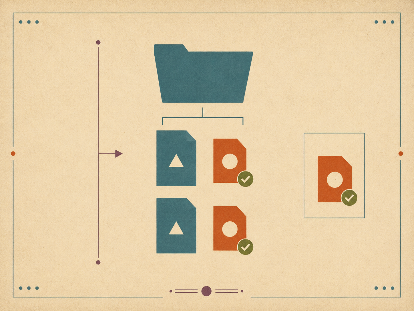 Mid-century vintage electronics-manual-style flat schematic on a warm cream-tan paper background with subtle aged paper texture, in the clean geometric line work of a 1960s technical-manual page. At the top center sits a flat-style folder icon — a clean trapezoid with a small upper tab — drawn in muted teal flat color, with no shading. Below the folder, two pairs of small rectangular file-icon shapes are stacked in a vertical column. In each pair, the left file icon is teal flat-color with a small inscribed geometric triangle at its center; the right file icon is slightly smaller, rust-orange flat-color, with a small inscribed circle at its center. Each rust-orange file in both pairs has a small flat avocado-green checkmark badge attached to its lower-right corner — a simple geometric tick with no shading. The two teal files have no badge. To the side of the file column, a small legend strip in flat color shows a single rust-orange file with a green check, isolated and slightly enlarged, as if to draw attention to the receipt motif. Plenty of cream margin around all elements, a few small decorative dots and a thin rule-mark typical of vintage manual layout. Strict flat color palette (teal, rust-orange, avocado-green, muted plum, cream), thin geometric lines, no shading, no readable text or letters anywhere in the composition.