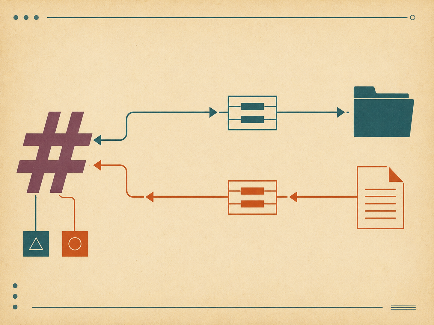Mid-century vintage electronics-manual-style schematic on a warm cream-tan paper background with subtle aged paper texture. The page is laid out with the flat colors and clean geometric line work of a 1960s technical-manual diagram: deep teal, warm rust-orange, muted plum, and avocado-green ink against the cream ground, with no shading or gradients — just flat geometric blocks and thin connecting lines. On the left side, a single stylized icon stands in for the chat platform: a muted-plum hash-mark made of three intersecting parallelograms, drawn in flat color. Below the hash, two small abstract token shapes sit side by side — small flat rectangles with distinct geometric markings, one in deep teal carrying a small inscribed triangle, one in rust-orange carrying a small inscribed circle. From the teal token, a clean teal directional arrow line flows rightward across the page through a small flat schematic block (a rectangle with two horizontal hatch-bars suggesting a circuit element) and continues to a flat folder icon at the right edge. Below this teal flow, a parallel flow runs in the opposite direction: starting at a flat document icon at the right edge, a clean rust-orange arrow line moves leftward through a second small schematic block, past the rust-orange token, and back into the muted-plum hash icon. The two flows never cross in the middle of the page; they converge only at the chat icon on the left. A few small decorative dots and a thin rule-mark sit in the margins, typical of vintage manual layout. Strict flat color, thin geometric lines, no shading, no readable text or letters anywhere in the composition.