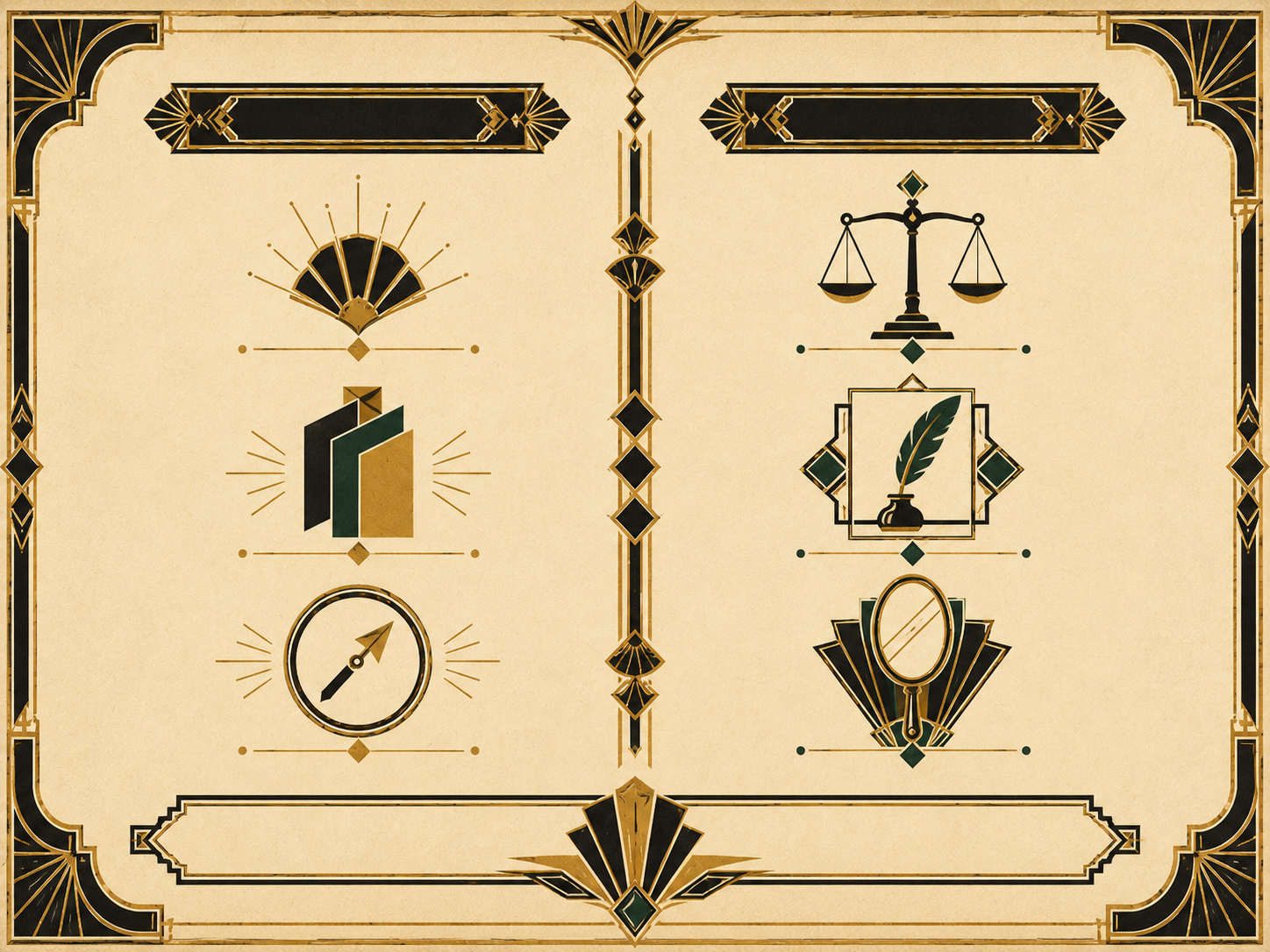 Art Deco geometric composition on a deep cream paper background with subtle gold-dust paper texture, in the symmetrical, ornamental style of 1920s posters. The page is split vertically into two equal columns by a tall ornamental Art Deco column-rule made of stacked black-and-gold diamonds and small fan arcs. Above each column sits a horizontal Art Deco header band — a thin geometric ornament strip in matte black with metallic-gold inlay — but with no readable text inside the band. Below each header, three small distinct Art Deco pictograms stack vertically. The left column carries pictograms accented with warm gold sun-ray flourishes: a small fan-fold shape, a small layered prism formed by three offset rectangles, and a small searching arrow inside a circular frame. The right column carries pictograms accented with deep emerald-green diamond points: a small balance scale, a small editorial quill held in an ornamental frame, and a small hand mirror in a fan-shaped Art Deco frame. At the bottom of the page, a horizontal Art Deco banner with a geometric flourish at its center sits empty — purely decorative. Palette: matte black, warm metallic gold, deep cream, deep emerald green. Strict Art Deco geometric symmetry, flat colors with metallic gold accents, no shading or gradients. No readable text or letters anywhere in the composition.