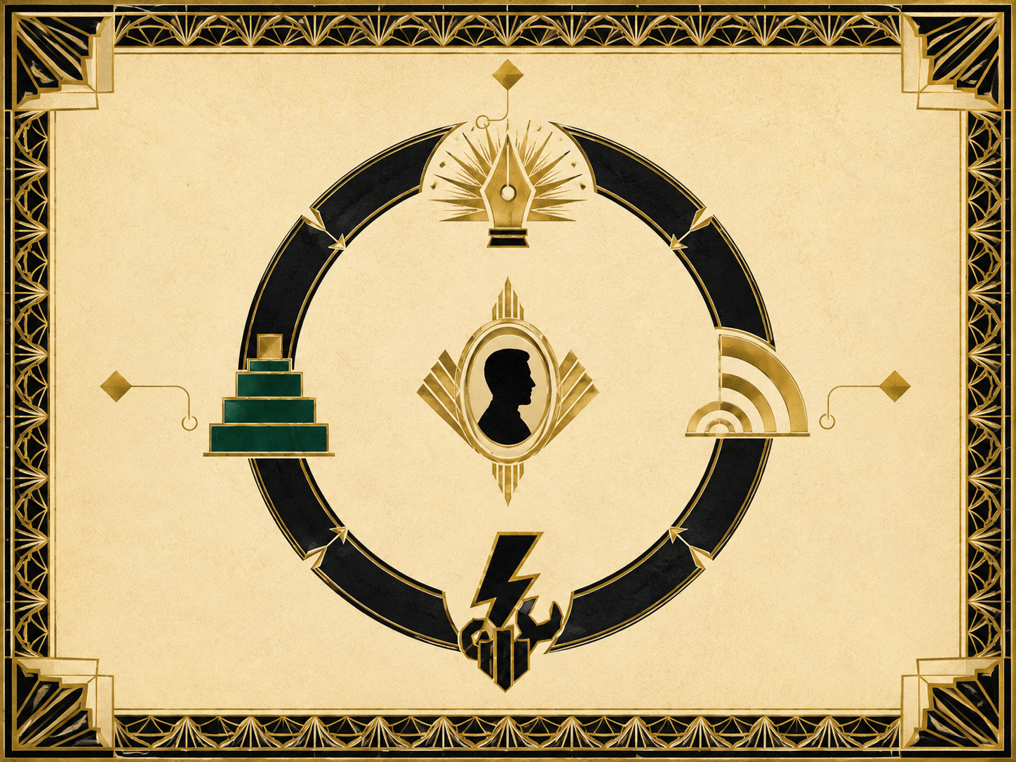 Art Deco geometric composition on a deep cream paper background with a faint gold-dust paper texture, in the symmetrical, ornamental style of 1920s posters. At the center of the page sits a clean circular ring divided into four equal arc segments arranged like a clock face. The ring's outline is rendered in matte black with thin metallic-gold inner detail. At each of the four cardinal positions on the ring, a distinctive Art Deco emblem is inlaid: at the top a stylized sunburst-and-pen-nib motif rendered as radiating gold rays; at the right position a fan-shape of three nested arcs in cream and gold; at the bottom a sharp angular lightning-bolt and stylized tool motif in black; at the left a stepped-pyramid stack of rectangles with progressively narrower tops, in deep emerald-green and gold. Three of the four emblems — top, right, and left — are accompanied just outside the ring by a small floating gold diamond, each diamond connected to its emblem by a fine gold flourish line; the bottom emblem stands alone with no floating accent. At the very center of the ring, a small ornamental Art Deco medallion holds the silhouette of a human profile in an oval, framed by symmetrical fan rays. Curving Art Deco arrow flourishes — small triangular tips with slim vertical strokes — connect each arc to the next around the ring. A repeating Art Deco fan-motif border frames the outer edge of the page. Palette: matte black, warm metallic gold, deep cream, deep emerald green. Bold geometric symmetry, flat colors with metallic gold accents, no shading. No readable text or letters anywhere in the composition.