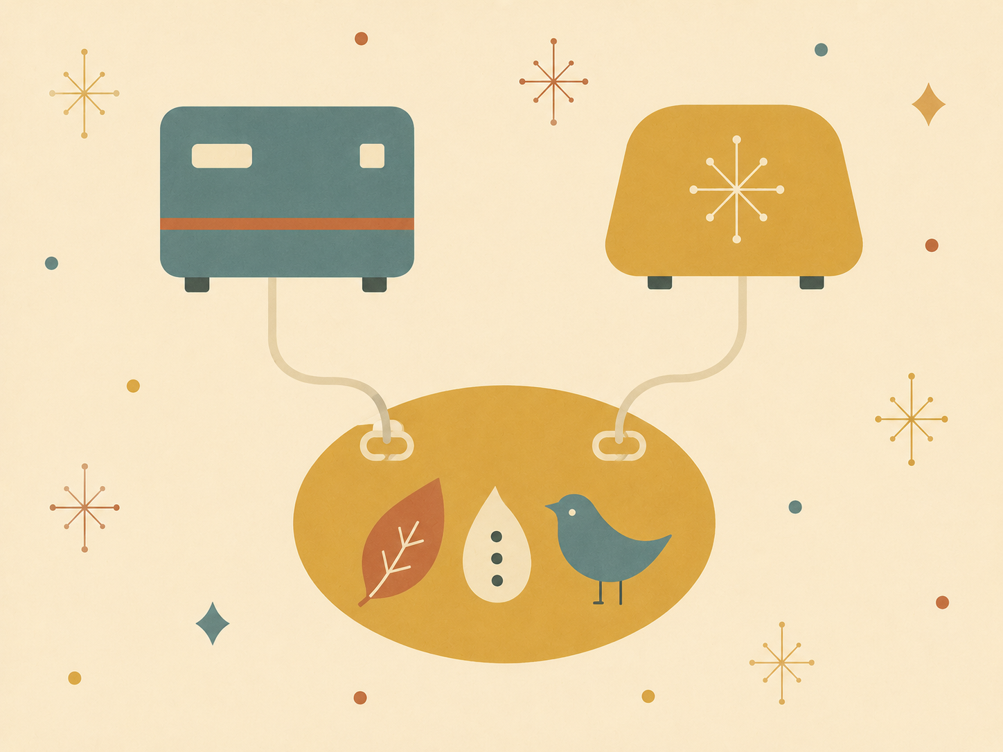 Mid-century modern flat-design illustration on a soft cream-eggshell paper background, with the warm muted palette and friendly organic geometry of 1950s-1960s Eames-era graphic design — soft mustard yellow, dusty teal, warm terracotta, soft brick-red, with no shading or gradients, only flat color planes. Two abstract device-silhouettes sit at the top of the composition, side by side, each rendered as a different rounded geometric shape: the left one is a small flat dusty-teal box with two small offset rectangular features and a single thin terracotta stripe across its face; the right one is a slightly different rounded mustard form with a small flat starburst motif at its center. From each device, a curved organic flat-color line in cream flows downward across the page toward a central generous oval cloud-shape rendered in soft mustard yellow. Inside the central oval, three small flat shapes are nestled: a soft terracotta leaf, a small cream seed-pod, and a small dusty-teal abstracted bird. Where each device's curved line meets the oval, a small flat chain-link icon — drawn as two interlocking rounded loops in cream — sits at the entry point. Around the composition, scattered cream-colored mid-century starburst dots and small geometric specks add to the era's visual vocabulary. Strict flat color, friendly organic geometry, no readable text or letters anywhere in the composition.