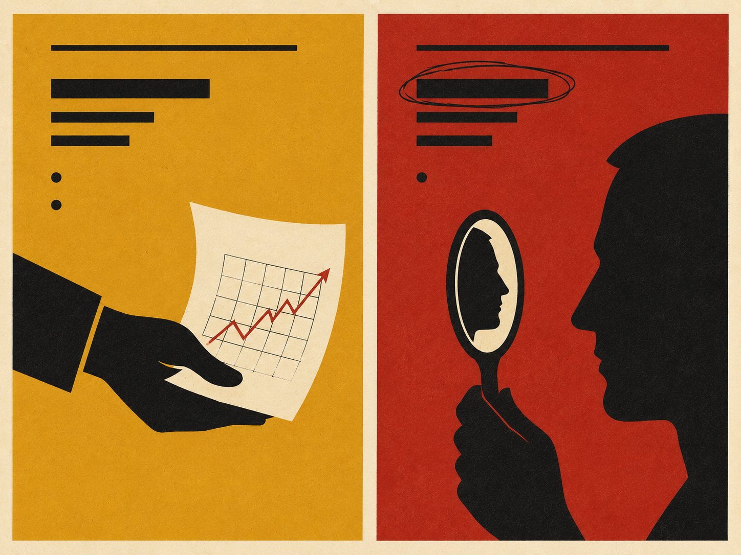 Saul Bass-inspired poster diptych on a warm cream paper background with subtle paper grain, in a strict 3-color limited palette of mustard yellow, deep red, charcoal black, plus the cream of the paper itself. The two panels are stacked side by side with a thin cream margin between them and share the same vertical proportions. The left panel has a bold mustard-yellow rectangle as its background, on which a black silhouette of a hand offers a curling chart-paper outward. At the top of the panel, a thin charcoal horizontal bar suggests a header. Below the header, three short charcoal bars are stacked vertically with the topmost bar drawn slightly thicker and longer than the others — the lead. Two small charcoal punctuation dots float in the margin. The right panel has a bold deep-red rectangle as its background, on which a black silhouette of a single side-profile face holds up a small handheld mirror, the mirror catching a smaller reflected silhouette of the same face. At the top of this panel, a thin charcoal horizontal bar suggests a header. Below it, three short charcoal bars are stacked vertically with the topmost bar lightly circled by a pencil-like charcoal line — the emphasized lead. A single small charcoal margin mark sits beside it. Both panels share the same Saul Bass visual language: bold flat shapes, hand-cut paper-like edges, strictly limited palette, geometric simplicity. No readable text or letters anywhere in the composition.