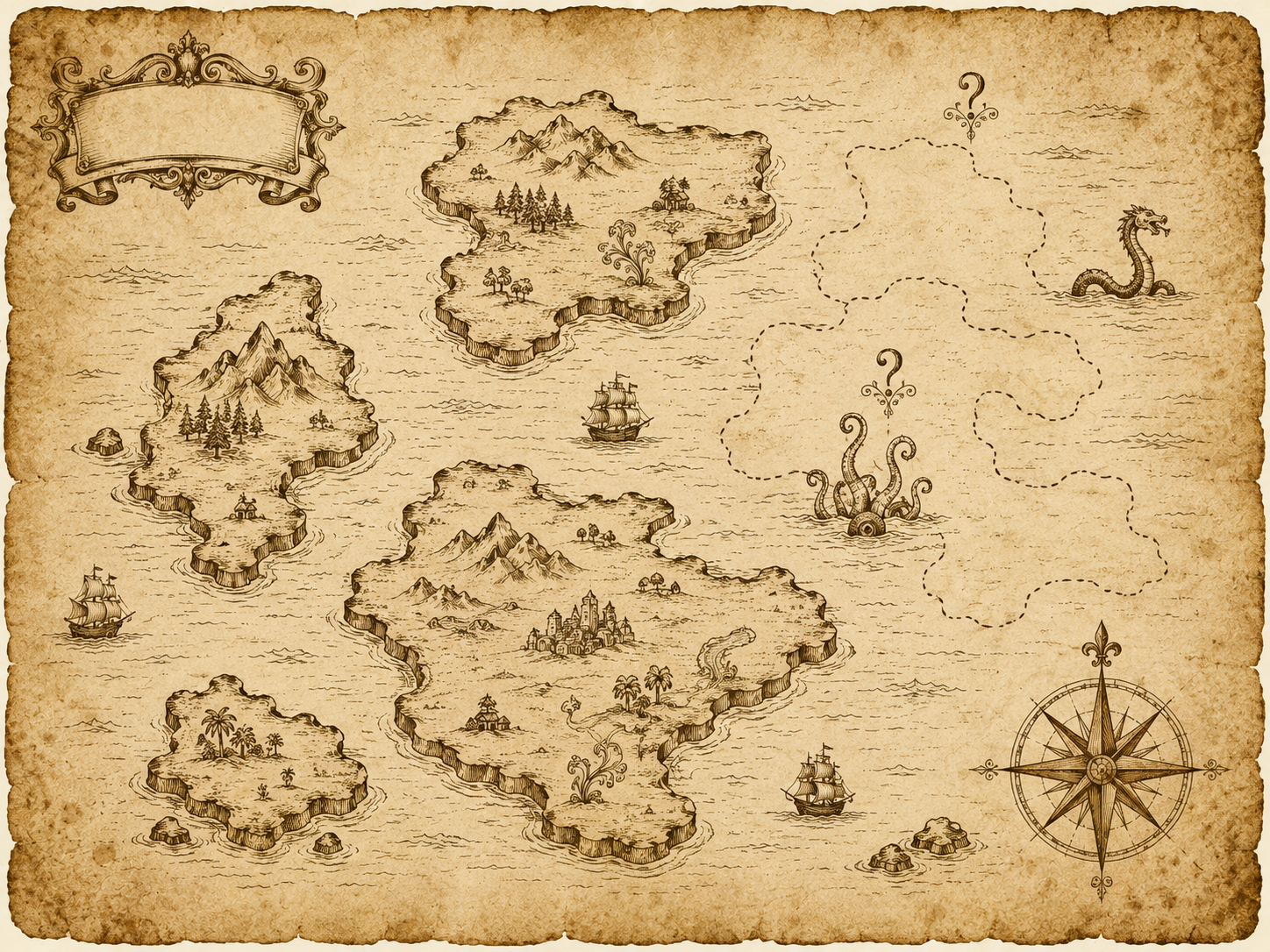 Antique cartography on aged parchment paper with deckled edges, slight foxing stains, and the warm sepia tone of a 17th-century explorer's hand-drawn map. The composition shows several distinct landmasses scattered across the page like islands in an unknown sea, separated by hand-inked ripple-lines suggesting ocean. Several of the landmasses are rendered in confident sepia line work with finely detailed cross-hatching, tiny inset symbols (small mountain peaks, miniature huts, tiny tree clusters, decorative inland flourishes), and clean cross-hatched coastline shading — these are the surveyed regions, fully inked in. Other landmasses are drawn only as light dashed sepia outlines with vague boundaries that fade off into the surrounding sea, their interiors empty of detail. Above the dashed regions, small filigree question-mark glyphs float in delicate sepia ink. From the sea around the dashed regions, two small antique sea-monster silhouettes — a coiled serpent head and a tentacled creature — rise as if in classic 'here be dragons' style. In the lower-right corner of the map, an ornate compass rose sits with eight delicate points; in the upper-left corner, an empty decorative cartouche banner. A few tiny silhouettes of three-masted ships dot the open water. Sepia ink on aged parchment, hand-drawn flourishes throughout, no readable text or letters anywhere in the composition.