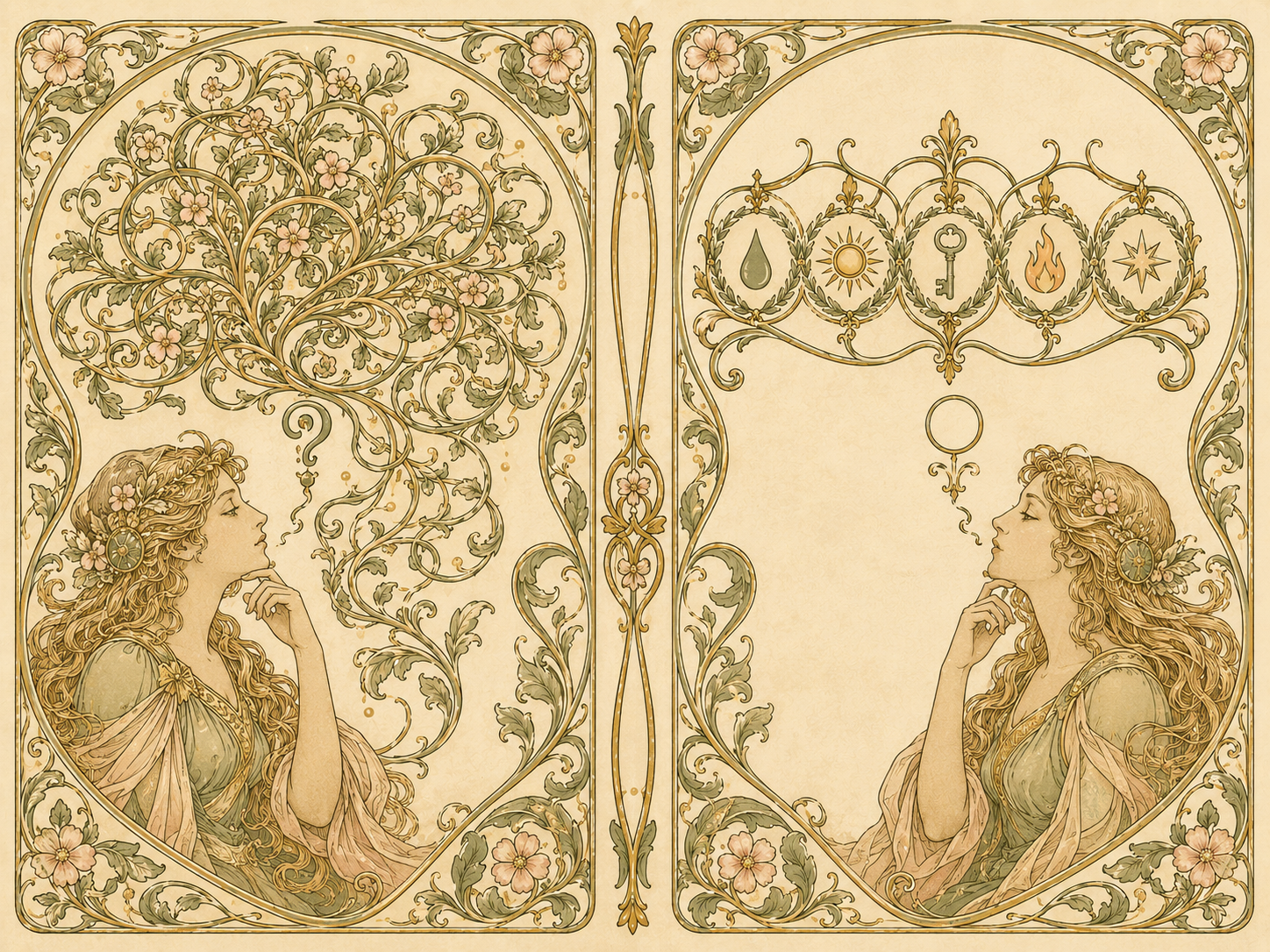Art Nouveau diptych on warm cream paper, in the flowing organic line work and limited palette of an Alphonse Mucha print — sage green, warm cream, dusty gold, faint blush — with confident ink contours over soft watercolor washes. Two ornamental panels stand side by side, each framed by a decorative Art Nouveau border of intertwined vines, leaves, and small five-petal blossoms. The left panel shows a stylized figure in profile facing right, the long flowing hair rendered in characteristic curling Mucha-style gestures, one hand raised softly to the chin in a thinking pose. Before the figure rises an ornamental tableau of tangled organic vines that twist into a chaotic intricate web — beautifully drawn but visually dense, with small leaves, blossoms, and over-elaborate flourishes that knot together. Above the figure's head, a small decorative thought-flourish ends in a curling question-mark-like spiral. The right panel mirrors the figure on the opposite side, now facing left in the same gentle thinking pose, gazing at a different ornamental tableau: a calm clean horizontal sequence of five ornamental medallions joined by flowing graceful arches. Each medallion contains a single small distinctive symbol carefully nested in laurel — a droplet, a stylized sun, a key, a small flame, an open star. Above this figure's head, a small decorative flourish ends in a clean open-circle, suggesting clarity. Between the two panels, a thin Art Nouveau ornamental rule-divider with a central decorative knot of vines and gold petals separates the halves. Palette of warm cream, sage green, dusty gold, faint blush; flowing Mucha-style line work; no readable text or letters anywhere in the composition.