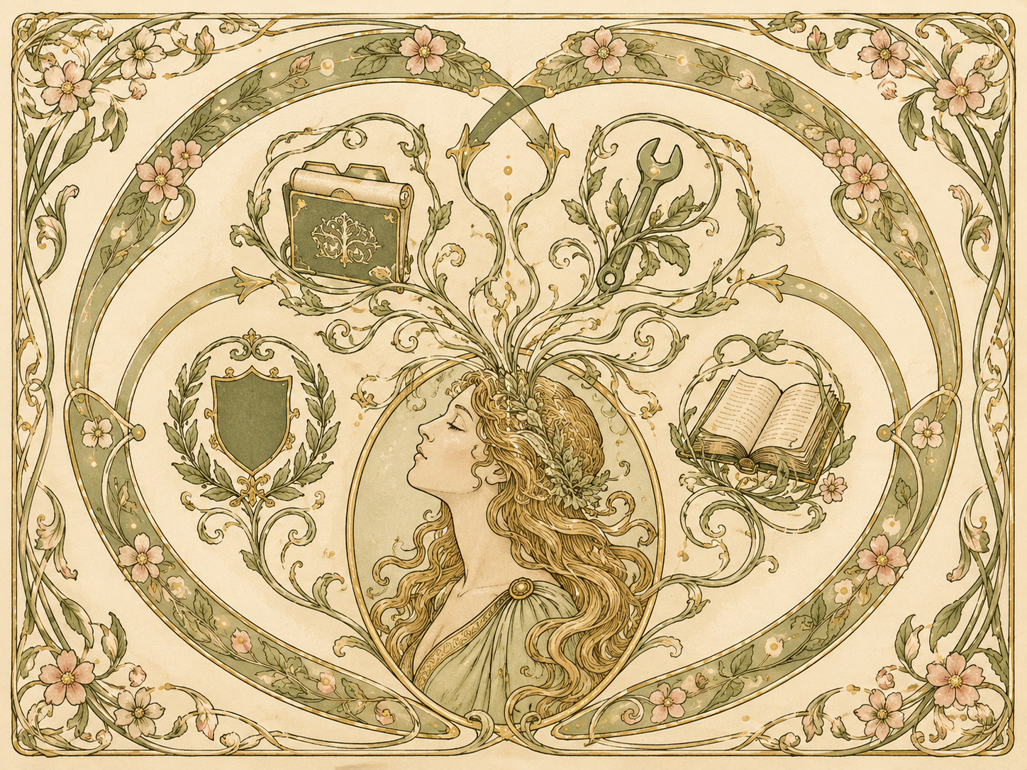 Art Nouveau composition on warm cream paper with subtle ivory paper texture, in the flowing organic line work and limited palette of an Alphonse Mucha or William Morris print — sage green, warm cream, dusty gold, and faint blush, with confident ink contours over soft watercolor washes. At the center of the page, an elliptical decorative panel holds a stylized human figure in profile with the head tilted slightly upward in contemplation, the long flowing hair rendered in characteristic Art Nouveau curling-line gestures. From the crown of the head, ornamental flowing tendrils — like flowing hair, vines, and smoke combined — curl outward and gradually resolve, within their winding paths, into recognizable but stylized symbols: one tendril knots itself into a stylized scroll-and-folder shape with ornamental edges, another twists around a leafy spanner motif, another forms a small heraldic shield wreathed in laurel, another opens into a small book bound in flowing vines. Surrounding the central elliptical panel, two decorative concentric organic loops — like Art Nouveau ribbon-banners or vine swirls — frame the composition: an inner ribbon-loop closer to the figure and an outer ribbon-loop further out, each ornamented with stylized leaves, small five-petal flowers, and subtle gold dots. The two loops connect to one another via gracefully curving arrow-flourishes that pass through the figure's head. An ornamental border of intertwined vines and small blossoms frames the entire composition. No readable text or letters anywhere in the composition.