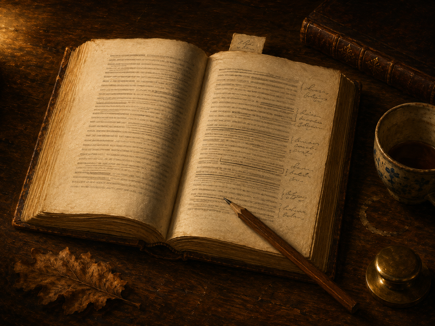 Dutch Golden Age-style still life oil painting of a single open leather-bound book lying flat on a heavy aged wooden desk, seen from a slight angle from above and lit dramatically from one side by a warm candle just out of frame. The book is worn at its corners, with cream-colored aged pages and a soft natural curve at the spine. Both visible pages are filled with abstract printed lines — closely-spaced horizontal pencil-thin gray strokes that suggest blocks of dense text without forming any readable letters. Several of the abstract text-lines on the right-hand page are underlined in soft pencil with confident strokes; in the margins next to the underlined passages, abstract handwritten loops in pencil — looping cursive-shaped marks that suggest careful annotation but resolve into no actual words. A small folded paper bookmark pokes out from the top edge of the book showing only abstract pencil scribbles on its visible flap. Beside the book on the desk: a wooden pencil with a worn graphite tip resting half on the page; a small brass paperweight catching a warm highlight; a half-empty ceramic teacup with a faded ring-stain on the wood beneath it; a single dried oak leaf curled at the edges; and the closed top edge of a second leather-bound notebook just within the frame, its spine bearing only abstract gold ornament. The lighting is warm and side-lit, with deep amber highlights along the page edges and velvety umber shadows in the gutter of the book. Rich oil-paint texture, soft sfumato in the shadows, warm umber and burnt-sienna palette. No readable letters or words anywhere on the page — only the abstract printed lines and abstract pencil annotation marks.