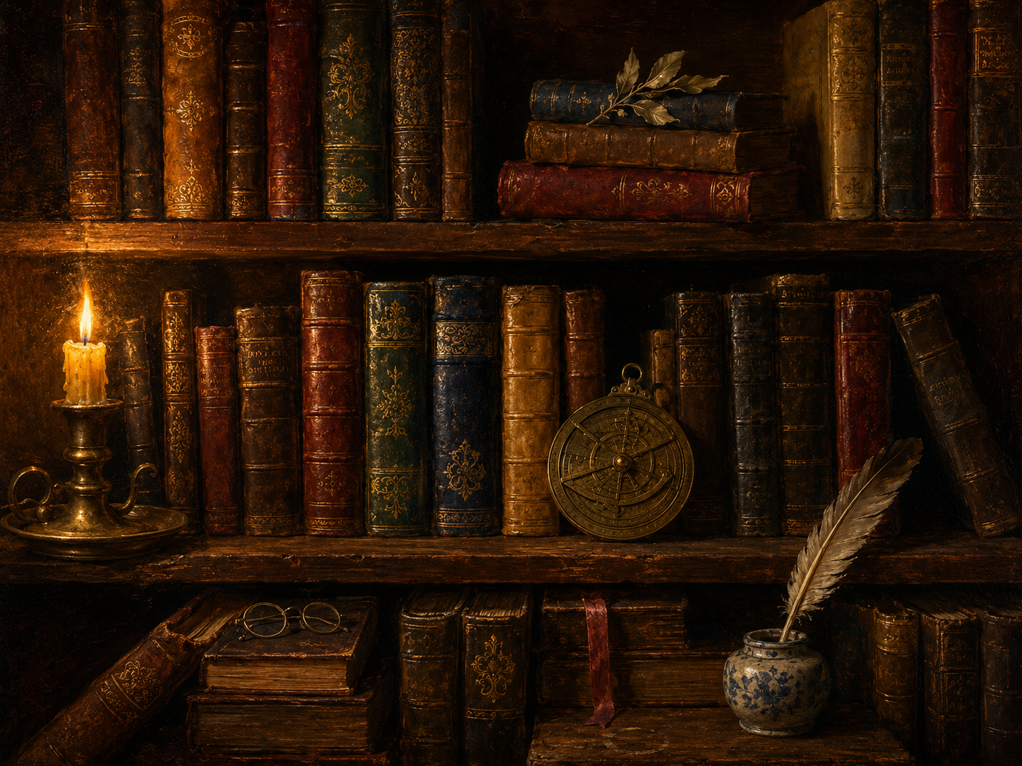 Dutch Golden Age-style still life oil painting of a small section of a personal library, viewed straight-on at intimate scale, lit dramatically by a single warm candle just out of frame. Three rows of leather-bound books crowd a heavy aged wooden shelf, the bindings in deep oxblood, forest green, warm tan, midnight blue, mustard, and faded burgundy. Some spines bear ornate gold tooling and decorative scrollwork — abstract filigree, ornamental rosettes, and raised band detailing — without any readable letters. Other spines show worn blank leather with faint scuffs and creases. Small details rest among the books: a bronze candleholder with a single guttering candle whose flame casts warm chiaroscuro light from one side; a polished brass astrolabe-like instrument leaning against one stack; a small ceramic ink-well with a quill resting in it; a pair of round wire spectacles folded on top of a leaning book; a faded silk ribbon bookmark trailing from one volume. On top of the upper row, a small cluster of three books lies horizontally with a small dried laurel sprig pressed between them. The wood of the shelf shows aged grain with subtle scratches and a faint ring-stain. The lighting is side-lit and warm, with deep velvety umber shadows in the recesses behind the books and a luminous golden glow along the book spines and gilded tooling. Rich oil-paint texture, visible brushwork in the highlights, soft sfumato in the shadows, deep umber background. No readable text or letters anywhere — only abstract gold tooling and ornamental scroll patterns on a few spines.