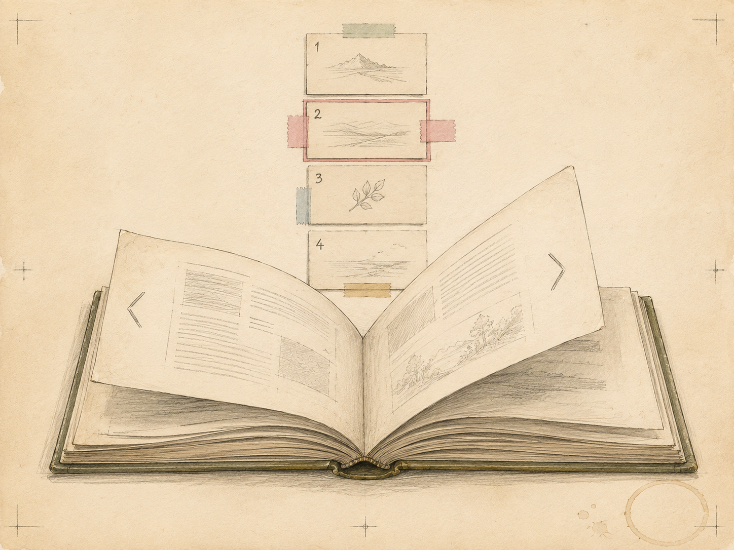 A wide horizontal mixed-media illustration on warm cream paper. In the center, an open book is drawn in soft pencil and ink, its two pages curling slightly as if mid-flip. The left page edge lifts away from the binding with a hand-drawn arrow chevron pointing left etched faintly into its margin; the right page lifts toward the viewer with a corresponding right-pointing chevron in its margin. Above and behind the book, a vertical column of four small numbered paper cards is taped onto the cream surface with strips of pastel washi tape, the second card highlighted with a thin colored border to mark the current position. The whole image has a quiet, hand-drafted feel — pencil scribbles for crop marks, a single faint coffee-cup ring near a corner, slightly raked daylight, deep paper texture, no readable text in the book or on the cards.